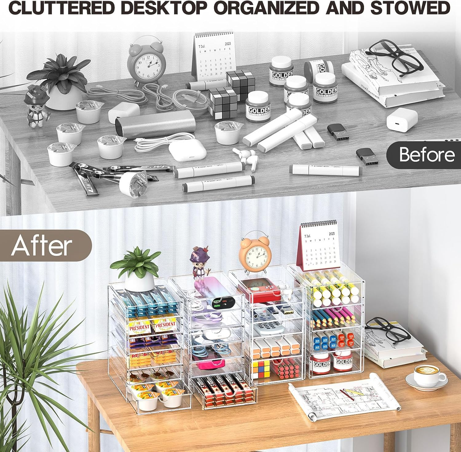 AMALEKO Acrylic Drawer Organizers - 21 Drawers 4 Set - Clear Storage Drawers for Office Supplies - Stackable Makeup Organizer - Dustproof Desk Organizers for Makeup, Jewelry, Pen, Stationary image number 2