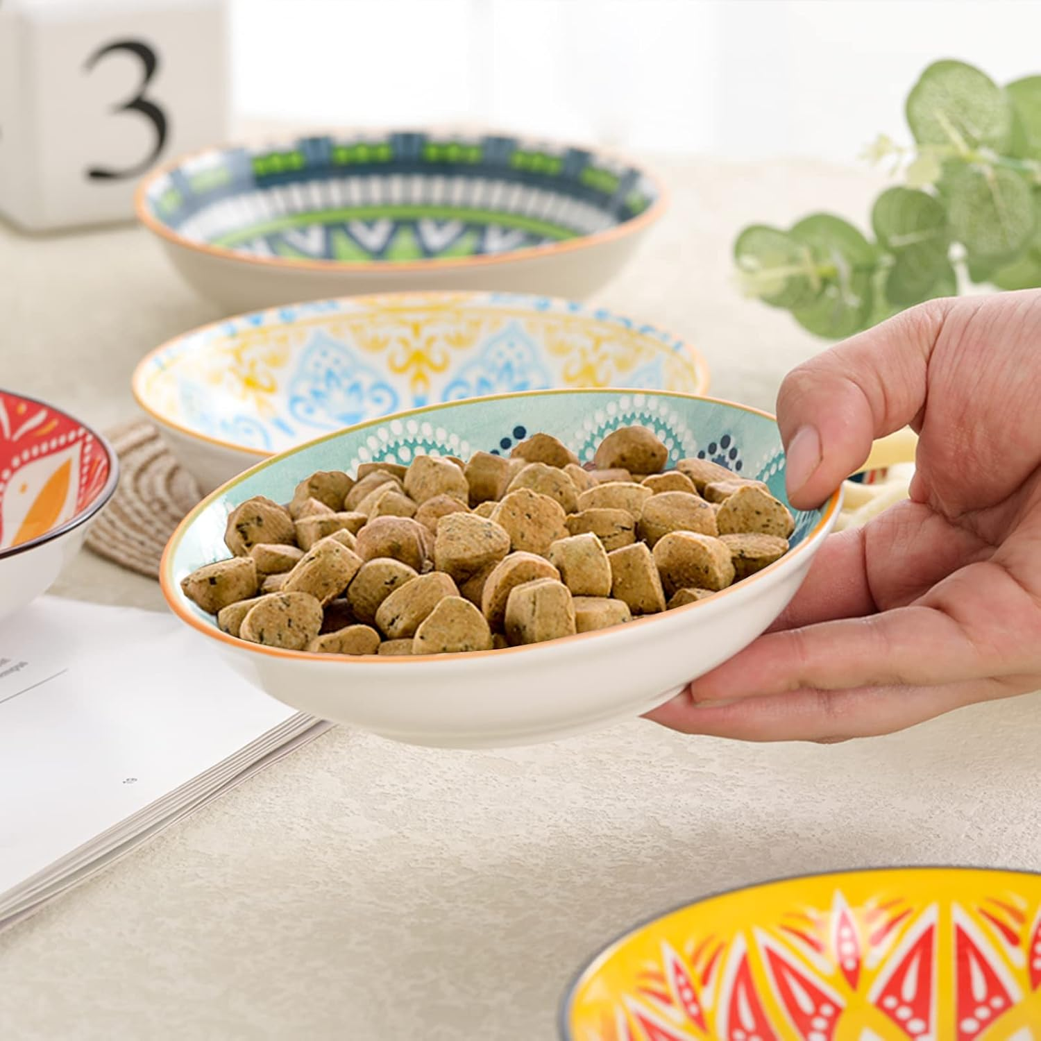 5.5 Inch Wide Shallow Cat Food Bowl Set for Relief Whisker Fatigue -Ceramic - 6 Colorful Cute Small Flat Kitten Feeding Dish/Dishes - Microwave and Dishwasher Safe - 8 Oz image number 1