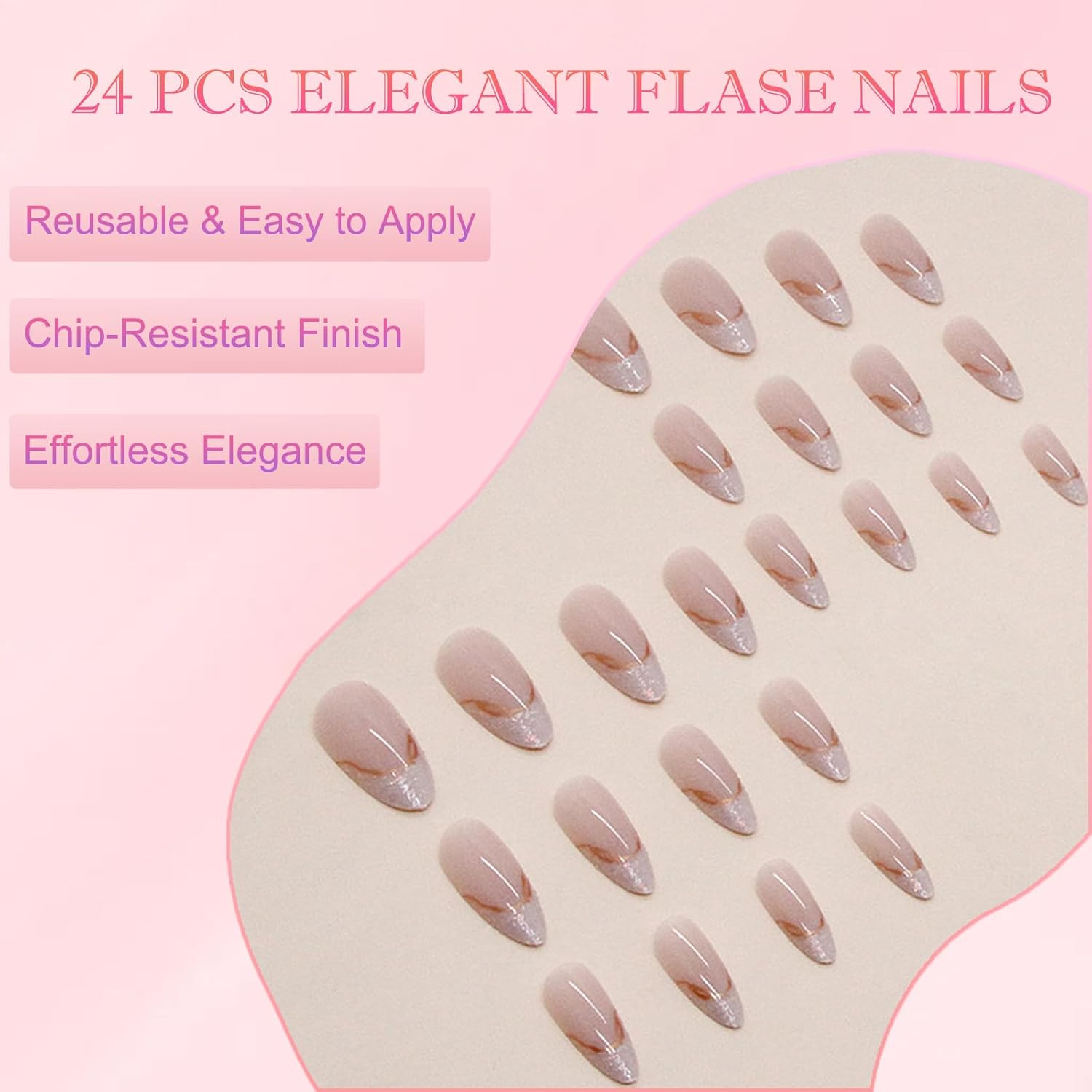 24Pcs Short Almond Press on Nails &ndash; Rough Gold Edge French Tip Fake Nails &ndash; 3D Stripes Acrylic Stick on with Accessory Tool Eco-Friendly ABS Resin Nude False for Women Full Kit image number 2