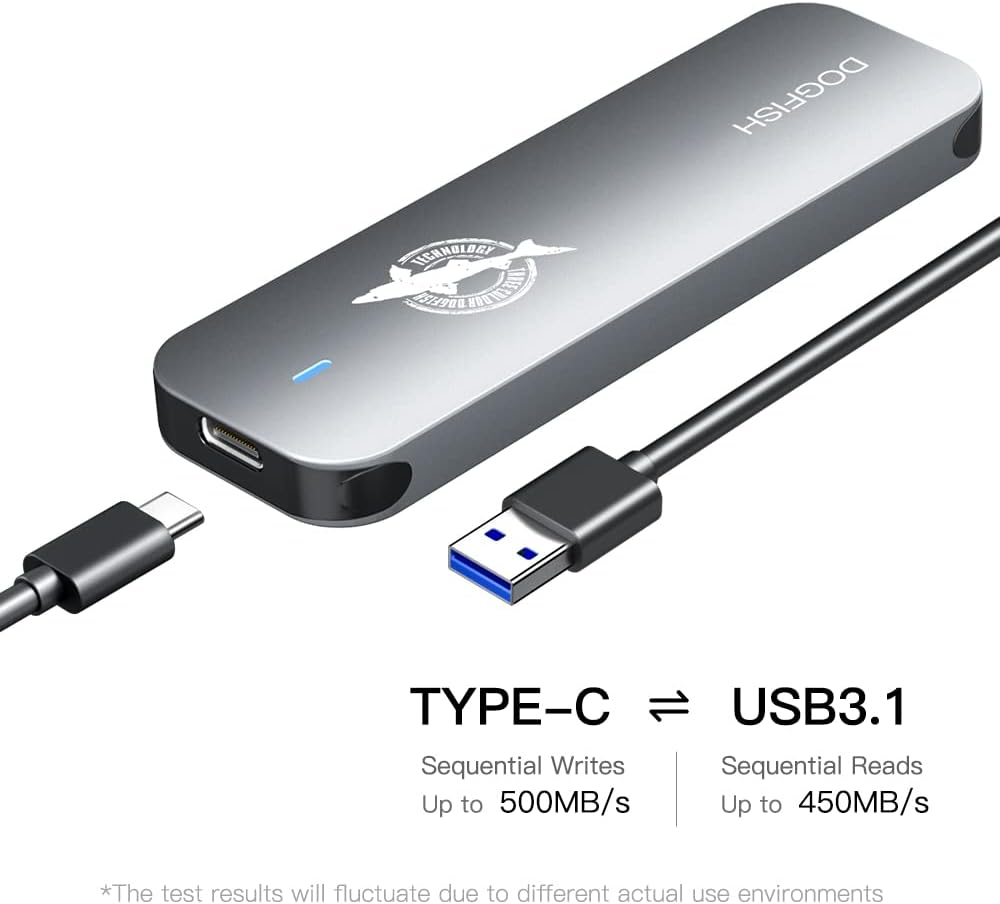 Dogfish Portable External SSD 512GB 2242/2260/2280 Ngff Grey Metal USB 3.1 Type-C Ultra-Light Mini Breathable Portable Solid State Drive for Mac/Windows/Android/Linux（Up to 6Gbps,With LED Indicator） image number 2