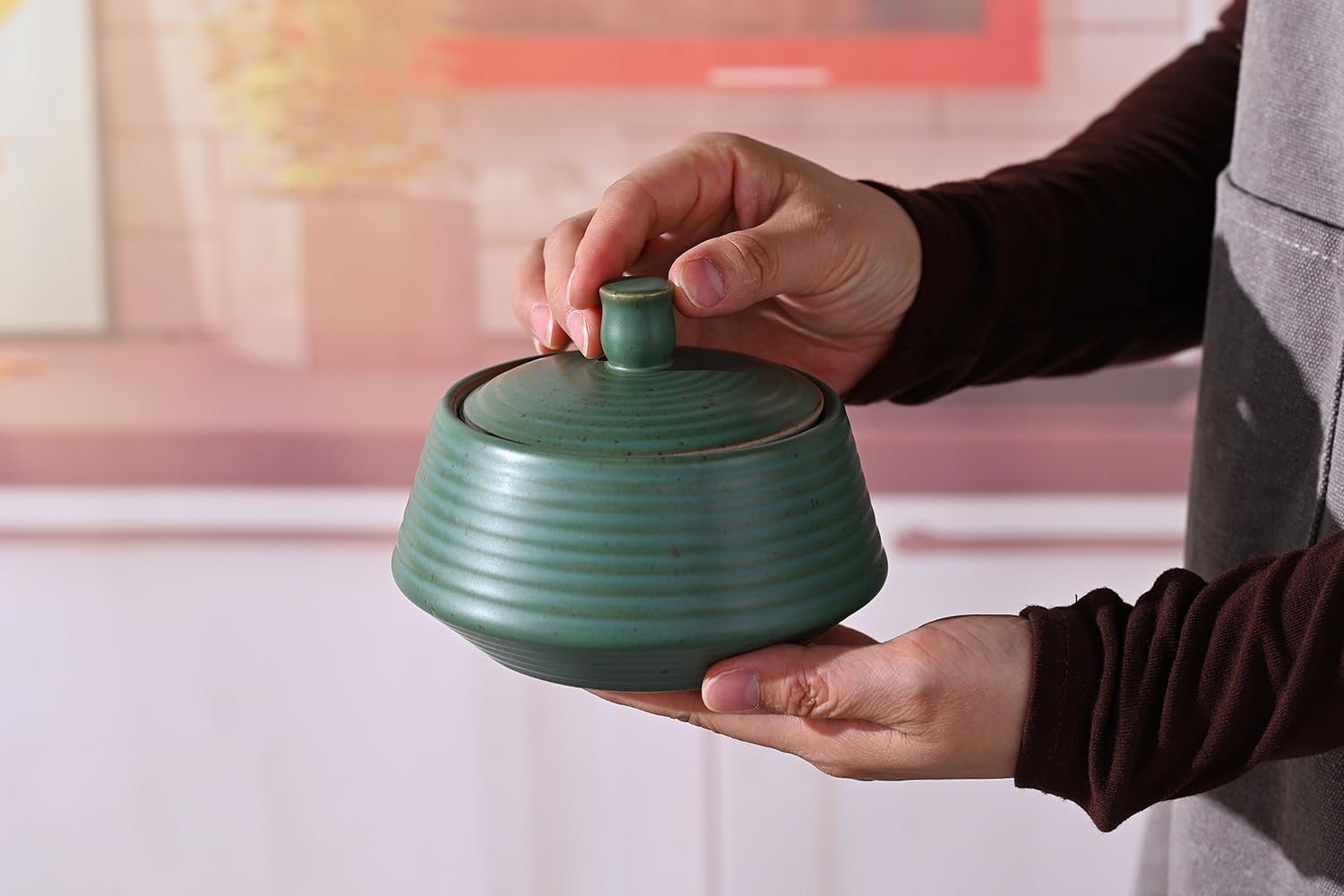 NCQIXIAO Retro Kitchen Canisters Ceramic Food Storage Jar Roud Shape with Silicone Airtight Lid for Tea, Coffee, Nuts, Herb, Spice, Sugar (Low Green) image number 6