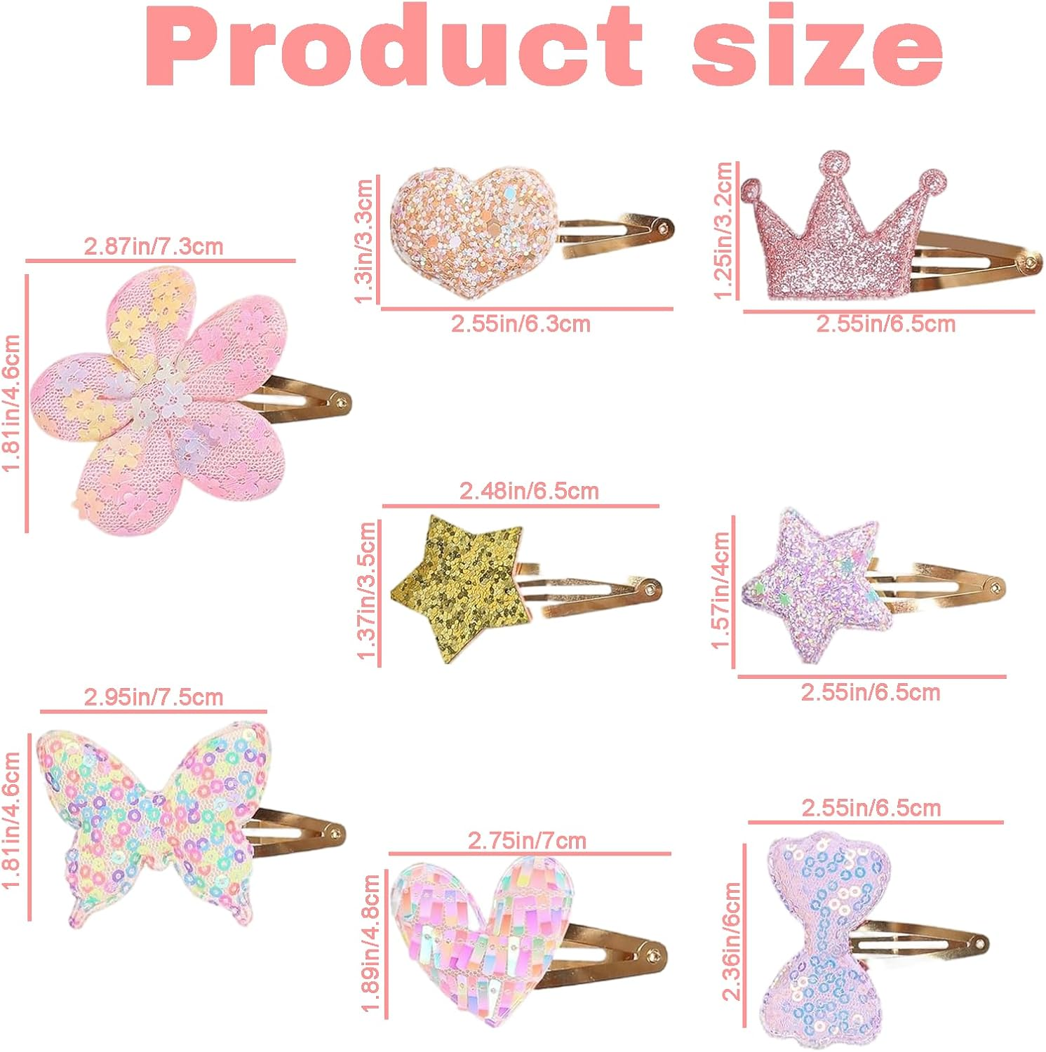 Rylaxzon Hair Clips for Girls - 8 Pairs of Flower, Bow, Star, Crown, Heart, Butterfly Shaped Barrettes and Pins Hair Clip - Metal Snap Hair Accessories for Girl & Baby image number 4