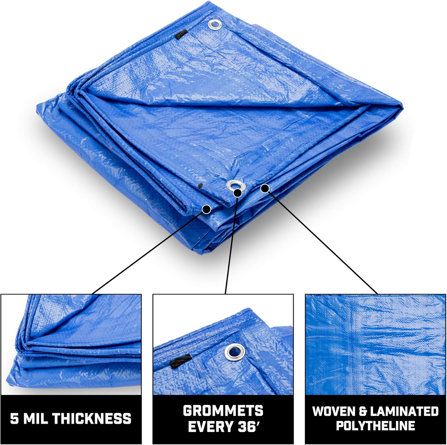 B-Air Grizzly Tarps by 9' X 12' Large Multi-Purpose Waterproof Heavy Duty Poly Tarp with Grommets Every 36", 8X8 Weave, 5 Mil Thick, for Home, Boats, Cars, Camping, Protective Cover, Blue
