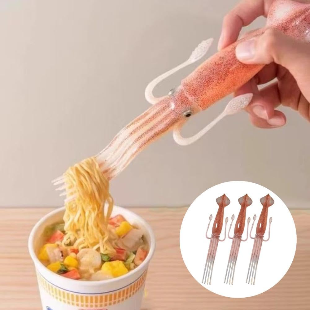 Squid Shape Noodle Fork, Cute Squid-Shaped Cooking Tools, Food Grade Plastic Portable Tableware for Picnics & Parties, Heat-Resistant Plastic Utensil for Ramen/Pasta/Salad (2 Pcs) image number 4