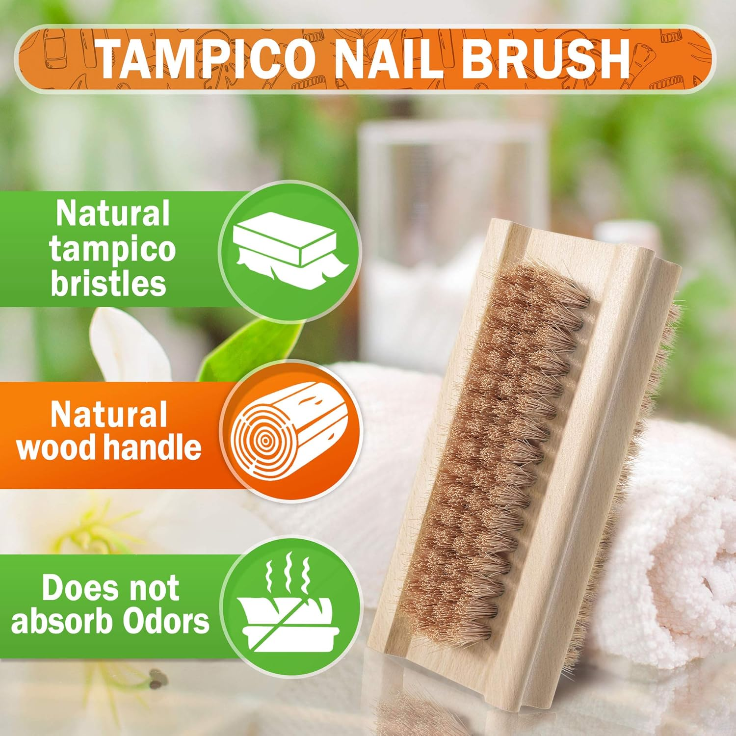 Konex Non-Slip Wooden Two-Sided Hand and Nail Brush with Tampico Fiber Bristle. Fingernail Brush with Beechwood Body and Plant Based Fibers image number 1