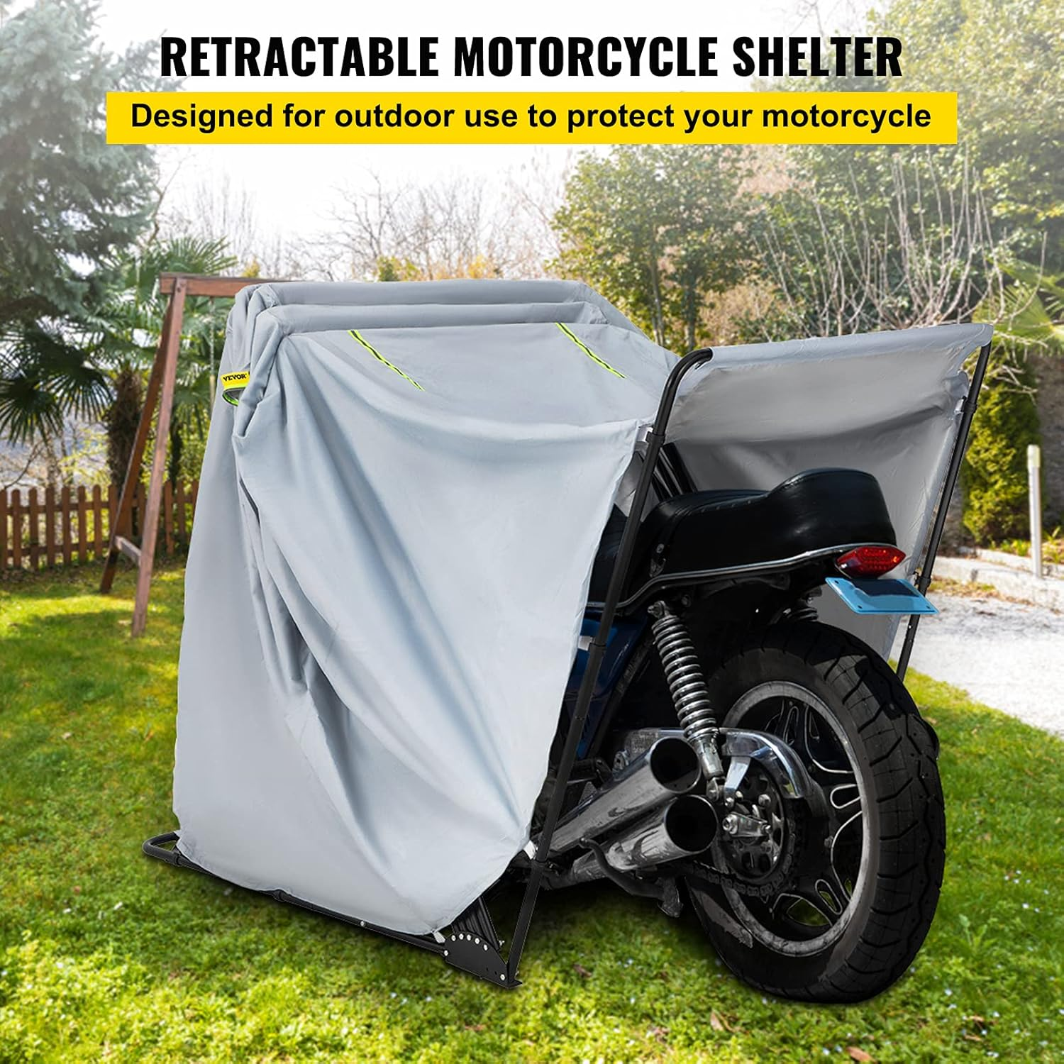 VEVOR Motorcycle Shelter, Waterproof Motorcycle Cover, Heavy Duty Motorcycle Shelter Shed, 420D Oxford Motorbike Shed Anti-Uv, 133.9"X53.9"X76.8" Grey Shelter Storage Garage Tent W/Lock & Weight Bag