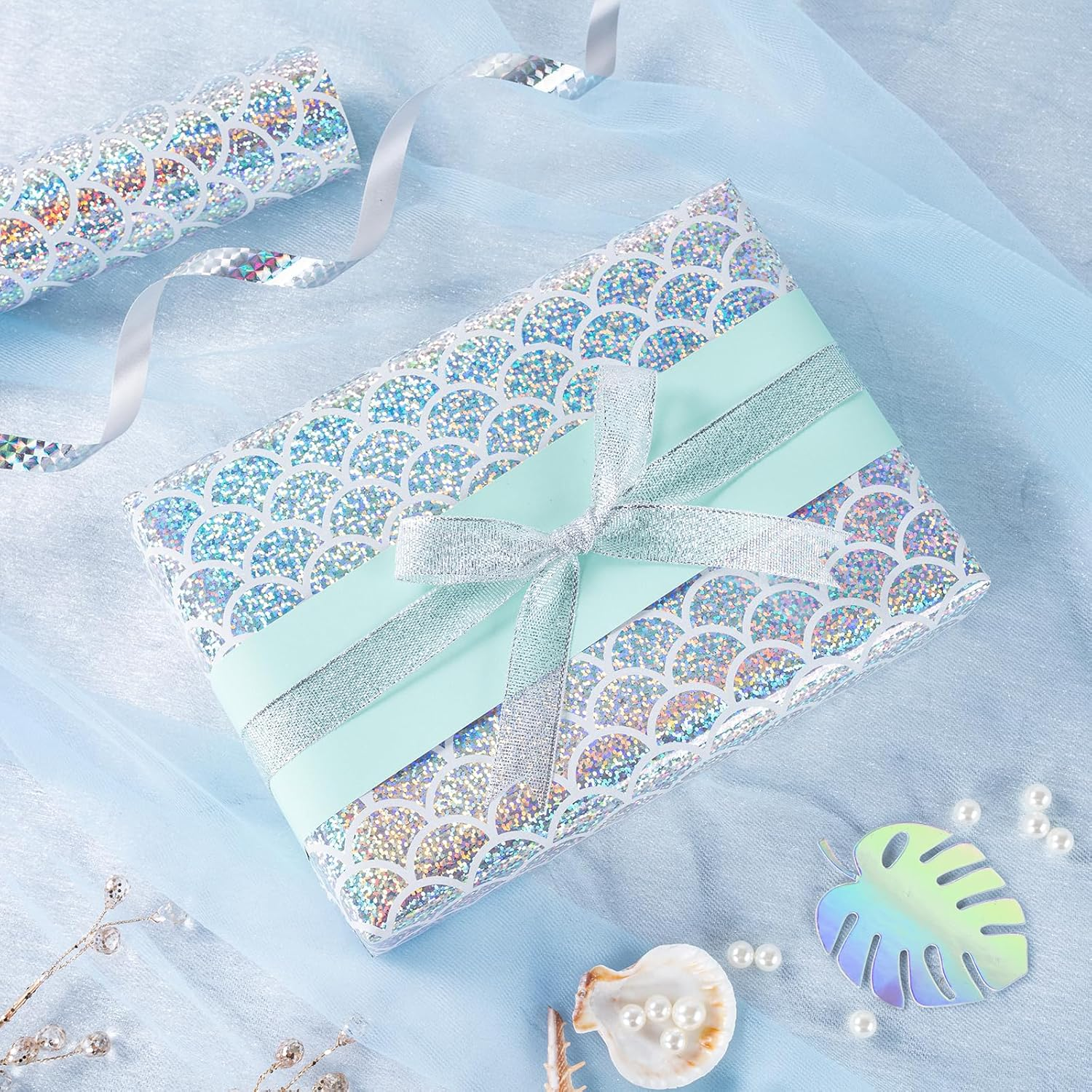 WRAPAHOLIC Reversible Wrapping Paper - Mini Roll - 17 Inch X 33 Feet - Scal with Colorful Foil and Solid Light Mint Design for Birthday, Baby Shower, Party, Holiday - Colorful Scale With Foil image number 6