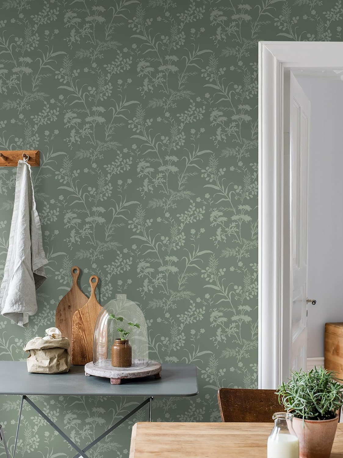 Fiula Self-Adhesive Wallpaper Green Leaves Adhesive Film Furniture Flowers Plants Pattern Wallpaper Waterproof Vinyl Wrap Removable Wall Cladding Bedroom Living Room Wall Olive Green Wallpaper 41 Cm X image number 4