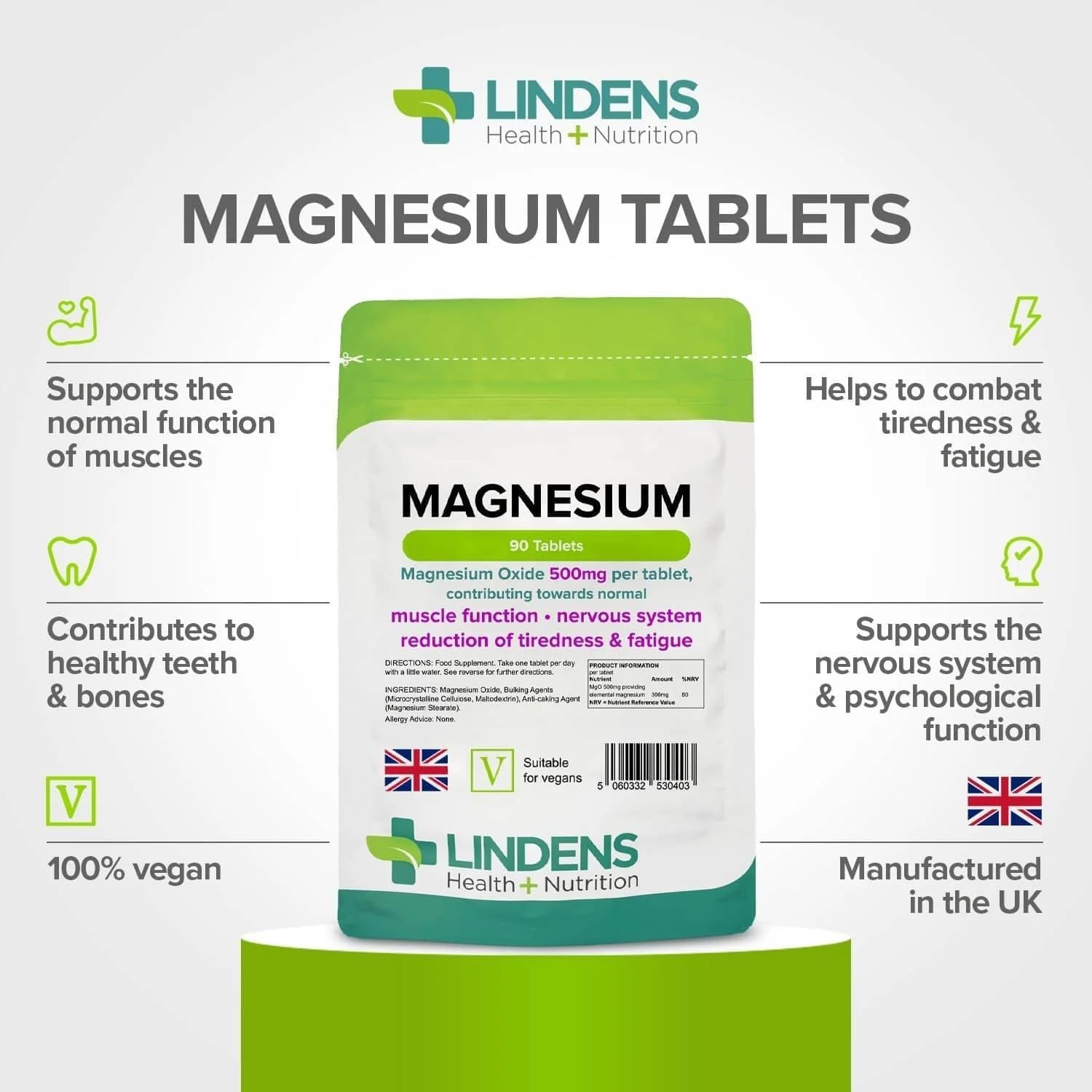 Lindens Magnesium Oxide 500Mg 90 Tablets Mineral Supplement image number 6