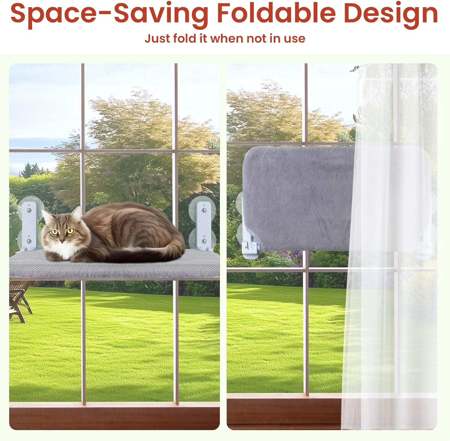 BREENHILL Foldable Cat Window Hammock Bed - XL 2PC Set with Heavy-Duty Suction Cups, Reversible Washable Cover & Metal Frame(Grey)
