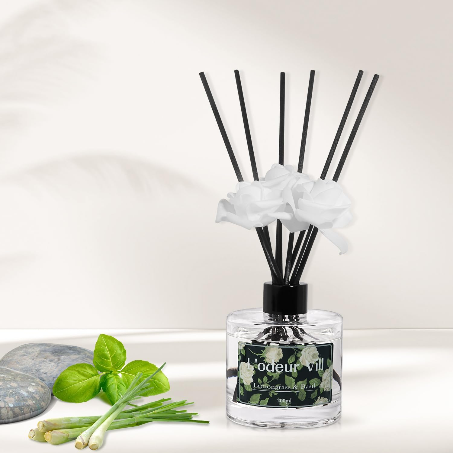 L'Odeur Vill Reed Diffuser Set, 6.7 Oz Lemongrass & Basil Scented Diffuser with 6 Sticks, Reed Diffuser with 3 Artificial Rose Home Fragrance for Bathroom Shelf Decor image number 6