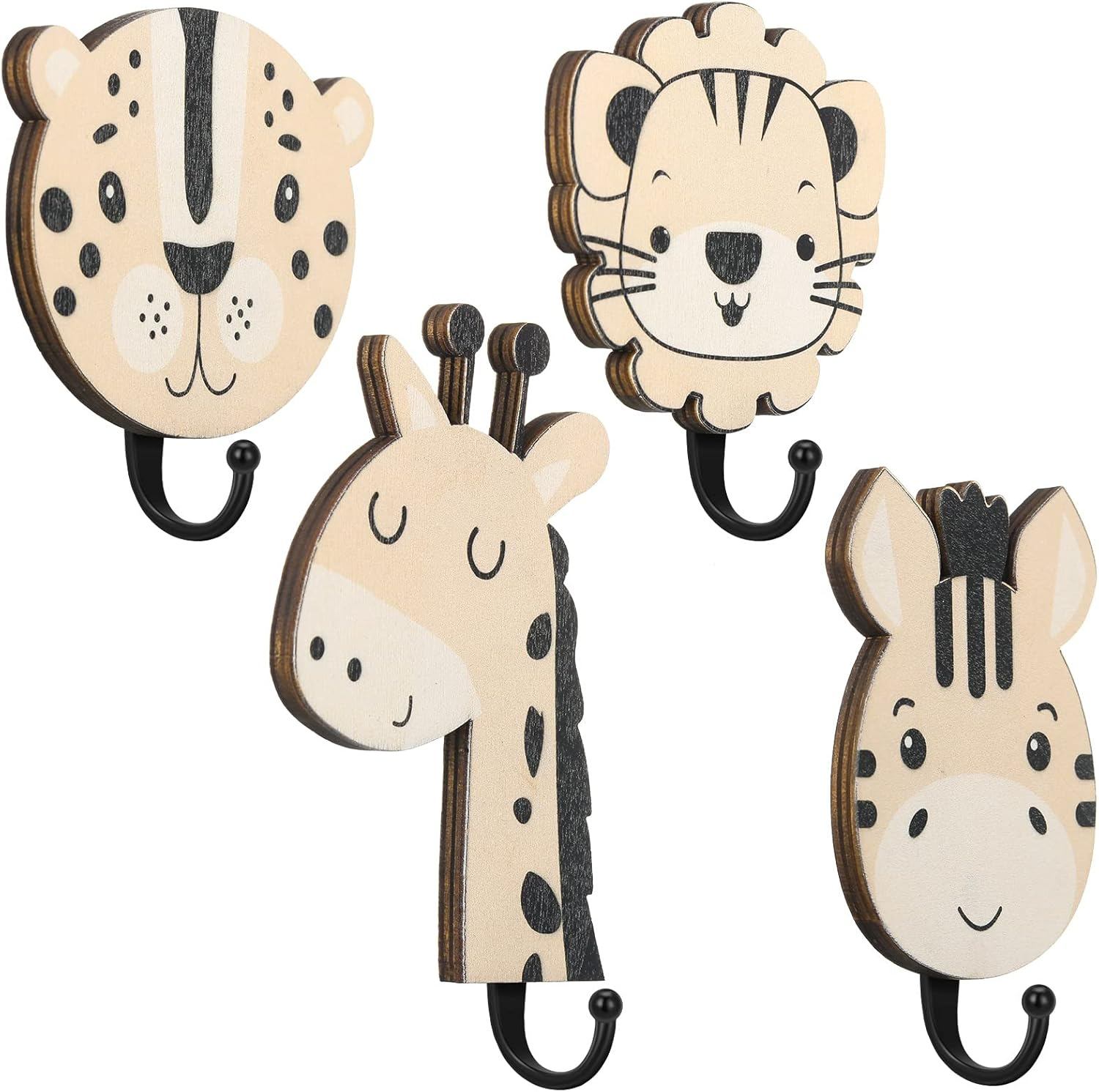 Qunclay 4 Pcs Safari Animal Decorative Wall Hooks Kids Wooden Jungle Baby Nursery Hooks Cute Towel Hanger for Childs Nursery Bathroom Bedroom Home Decor(Safari Animal) image number 1