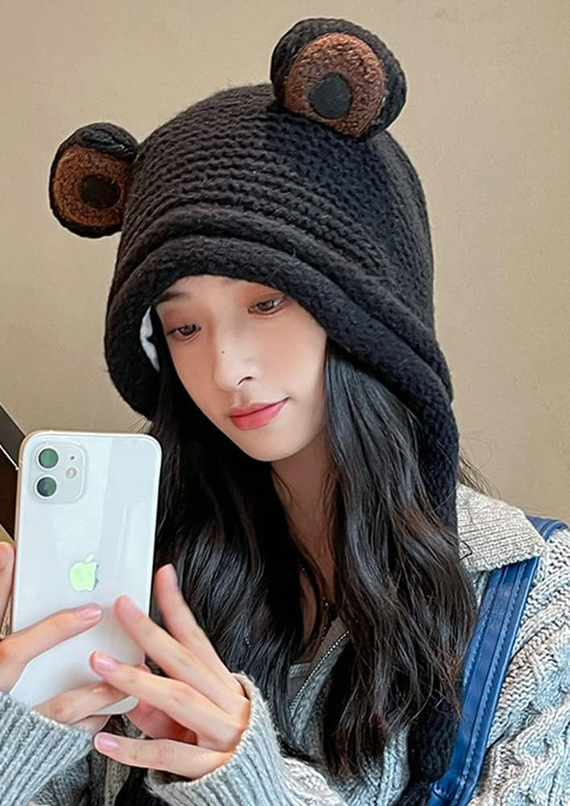 Women Cute Animal Beanies Hat Winter Stretch Cable Knit Soft Warm Hats for Students Girls - Beige image number 3