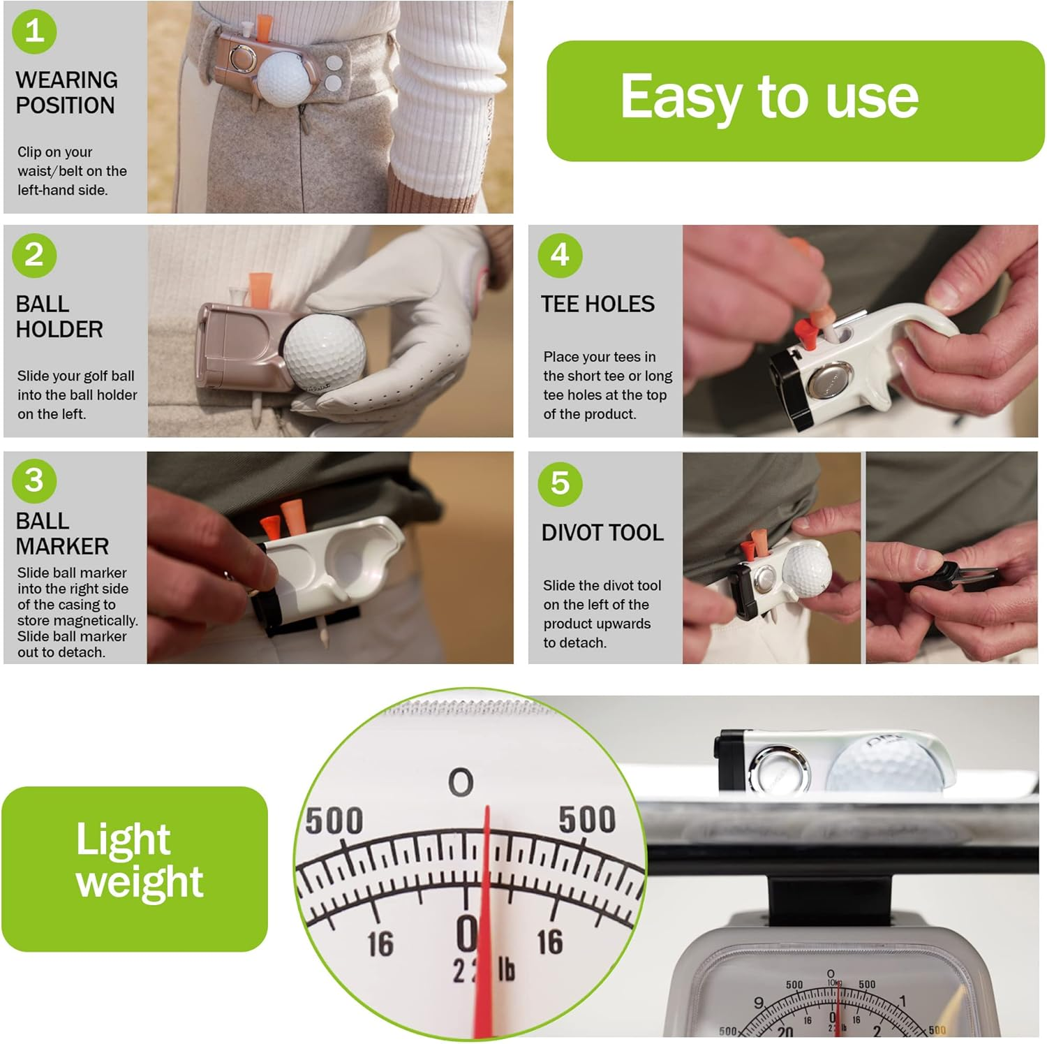 FREESHOT All-In-One Golf Accessory Tool That Includes Golf Ball Holder, Tees, Divot Tool and Custom Ball Markers, Golf Golf Lovers (4 Colors)