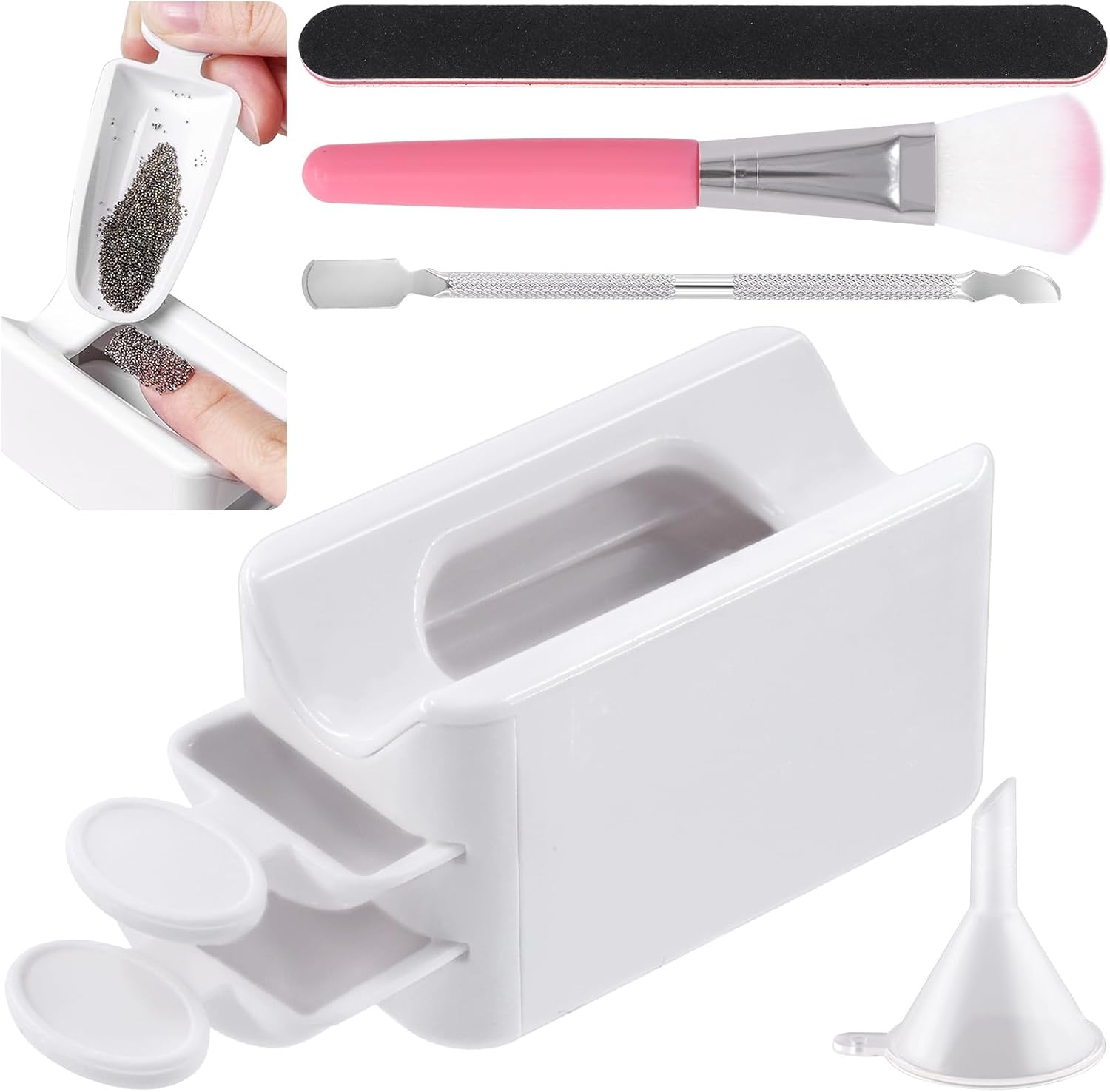 Tanstic 7Pcs Portable Dip Powder Nail Kit, Including Dip Powder Recycling Tray System Nail Dip Container with Scoop, Double-Ended Cuticle Pusher, Nail File, Nail Dust Brush, Funnel for Nail Art Nail Care image number 5
