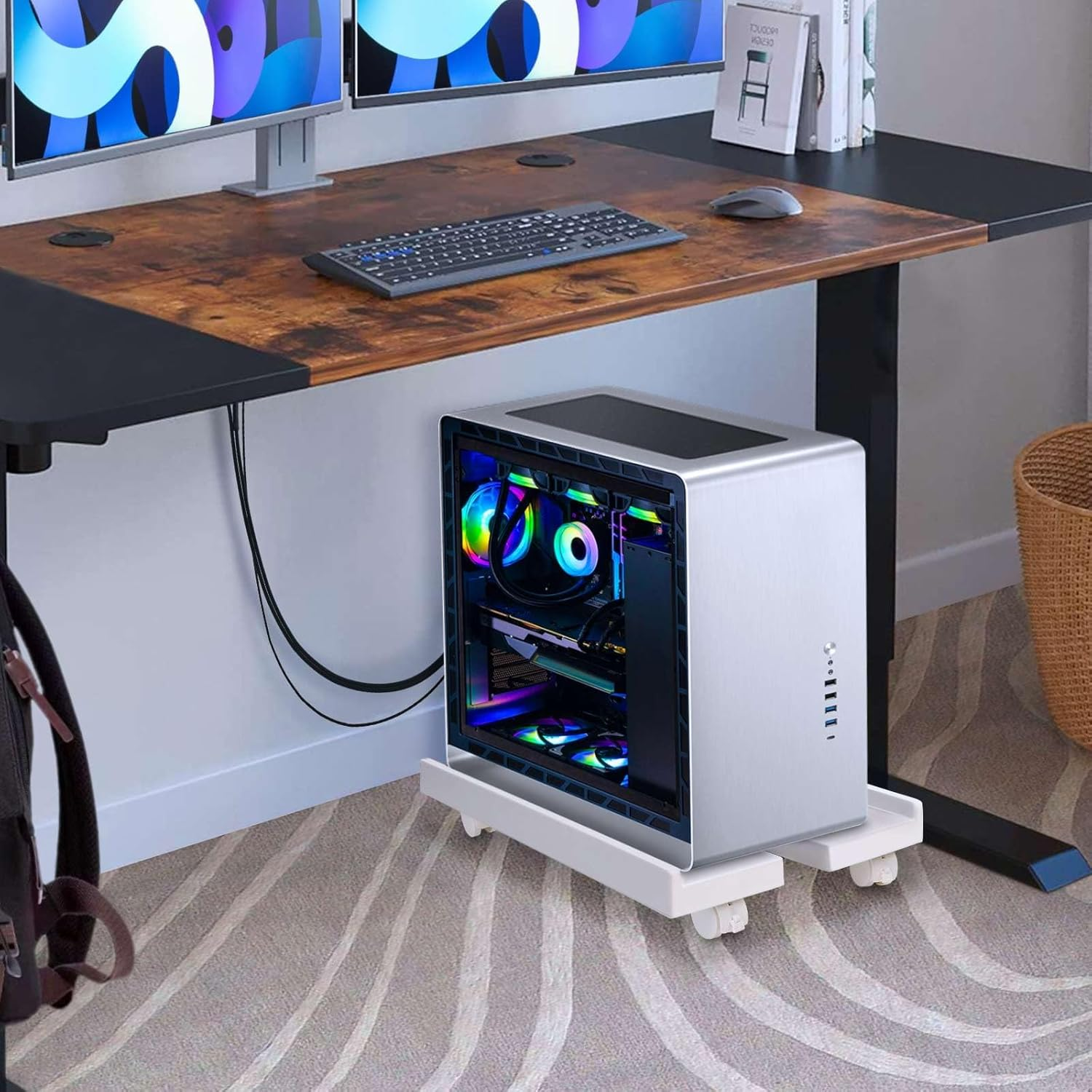 Adjustable Mobile CPU Stand with 360&deg; Wheels, Ventilated Computer Tower Stand Fits Most PC (White) image number 4