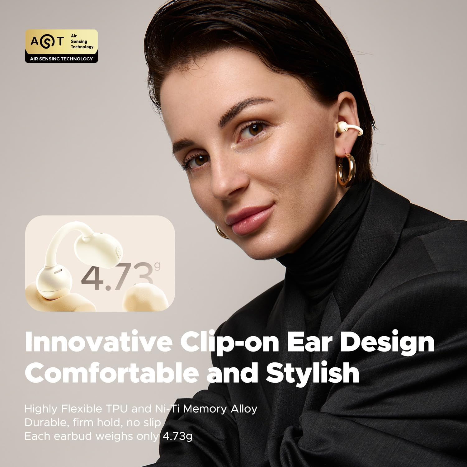 SOUNDPEATS POP Clip Open Ear Earbuds, Bluetooth 5.4 Clip-On Headphones, Lightweight Comfort, AI Call Noise Cancellation with Dual Connection, Immersive Audio Wireless Earbuds, 30H (Beige) image number 2