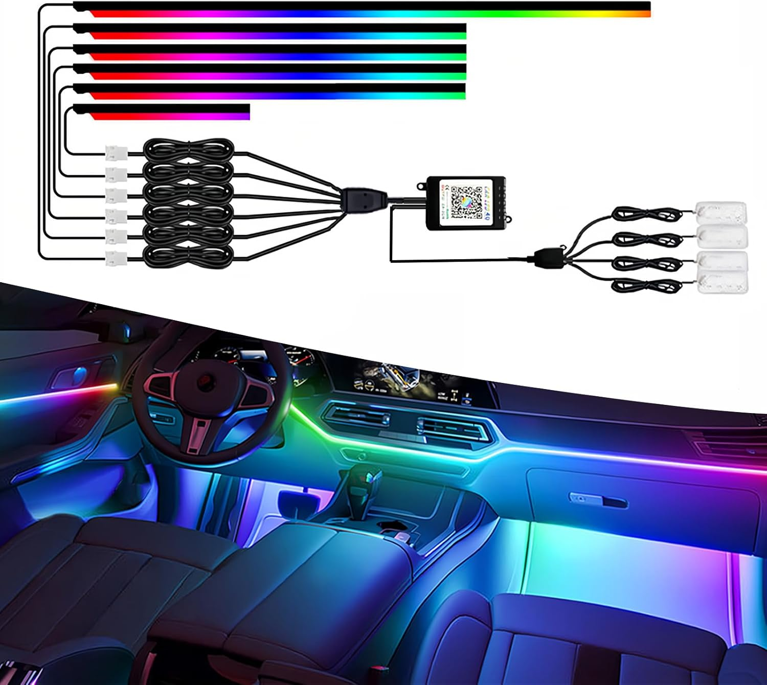 Acrylic Interior Car LED Lights 10-In-1 Kit, APP Control, RGB Music Sync Ambient Lighting, Neon Strip for Footwell, Dashboard & 4 Doors, Universal for Cars Trucks SUV