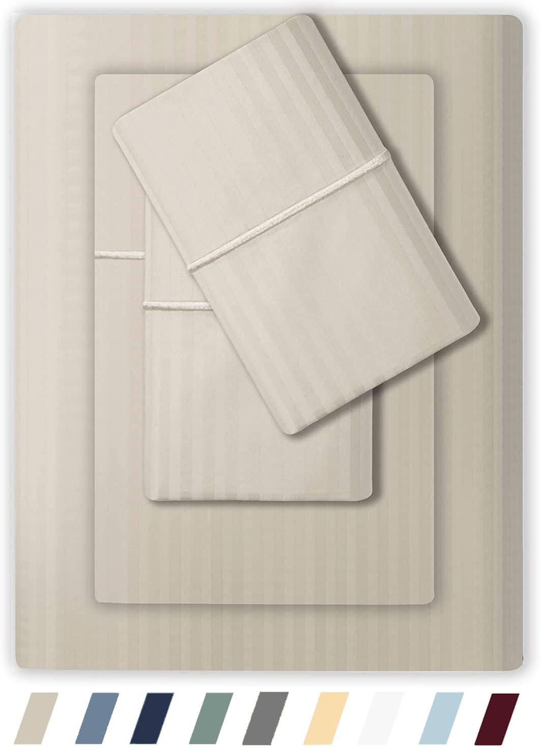 Feather & Stitch King Size Damask Bed Sheets|100% Soft Cotton Breathable Bedsheet Set of 4|18" Deep Pockets 500 TC Sateen Weave Striped Bedding Mattress Resort Hotel Luxury Decor|White