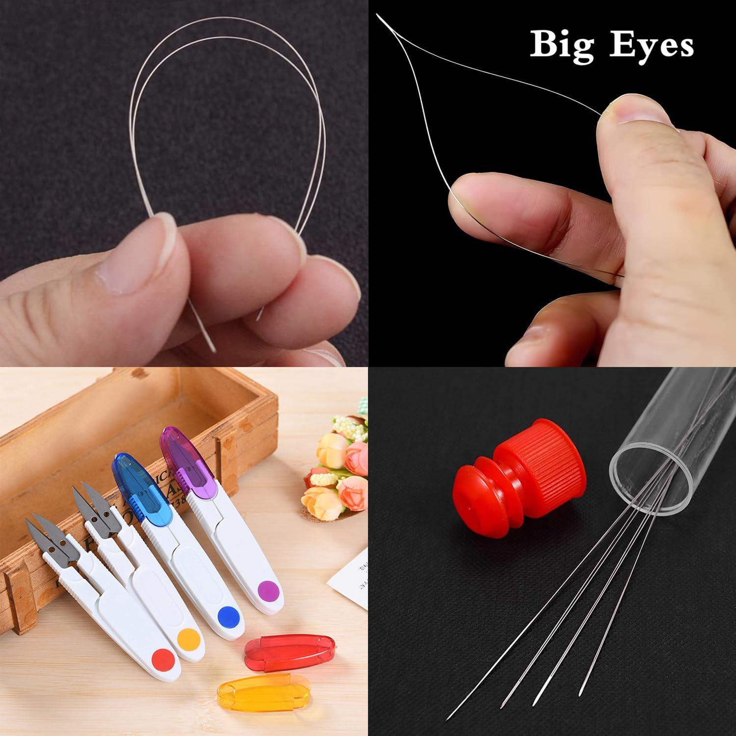 Paifeancodill Big Eye Beading Needles, 5 Pcs Seed Beads Needles, 1 Pcs Scissors, Easy Threading Tool for Bracelet Jewelry Making Seed Beads DIY, Crystal Cord for Jewelry Making & Beading Supplies(6 Pcs)