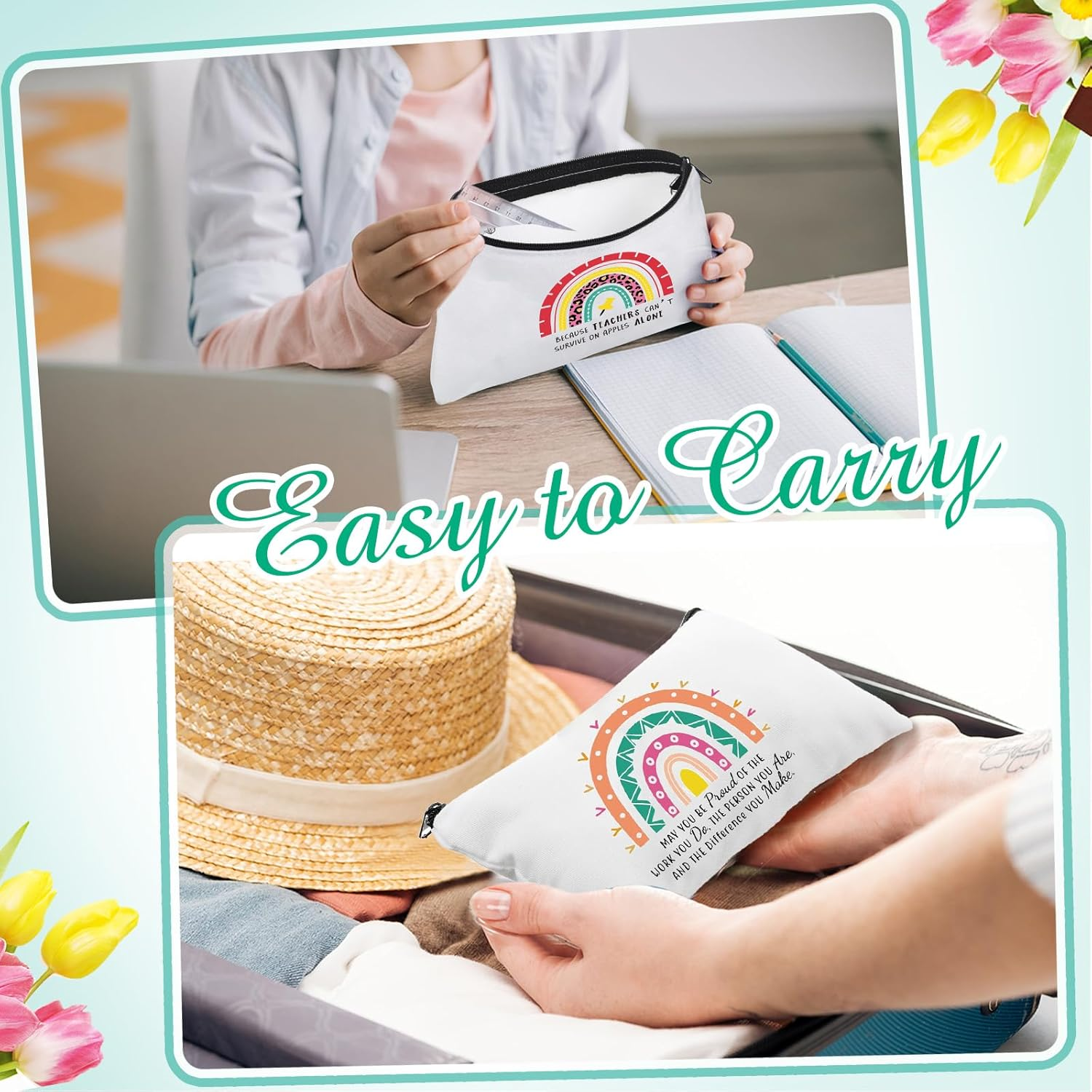 Saintrygo 20 Pieces Teacher Gifts Makeup Bags Bulk Canvas Survival Kit Cosmetic Bag Zippered Pencil Case Appreciation Gifts Travel Toiletry Pouch for Graduation Teachers Day, Multicolor, Rainbow image number 4