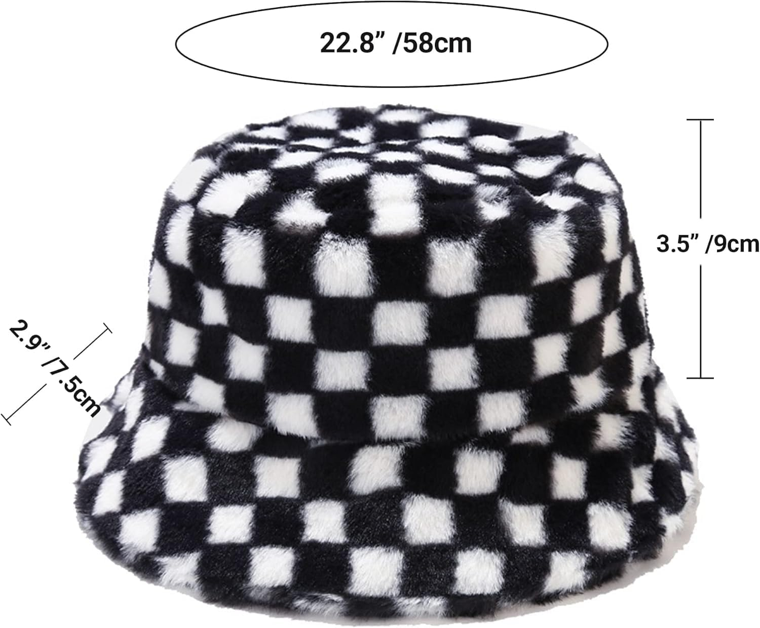 Checkered Fuzzy Bucket Hat &ndash; Winter Faux Fur Unisex Hat with Fluffy Soft Lining &ndash; Windproof Warm Bucket Hat for Men & Women &ndash; Black & White Plaid Design - Chess Black Pink image number 3