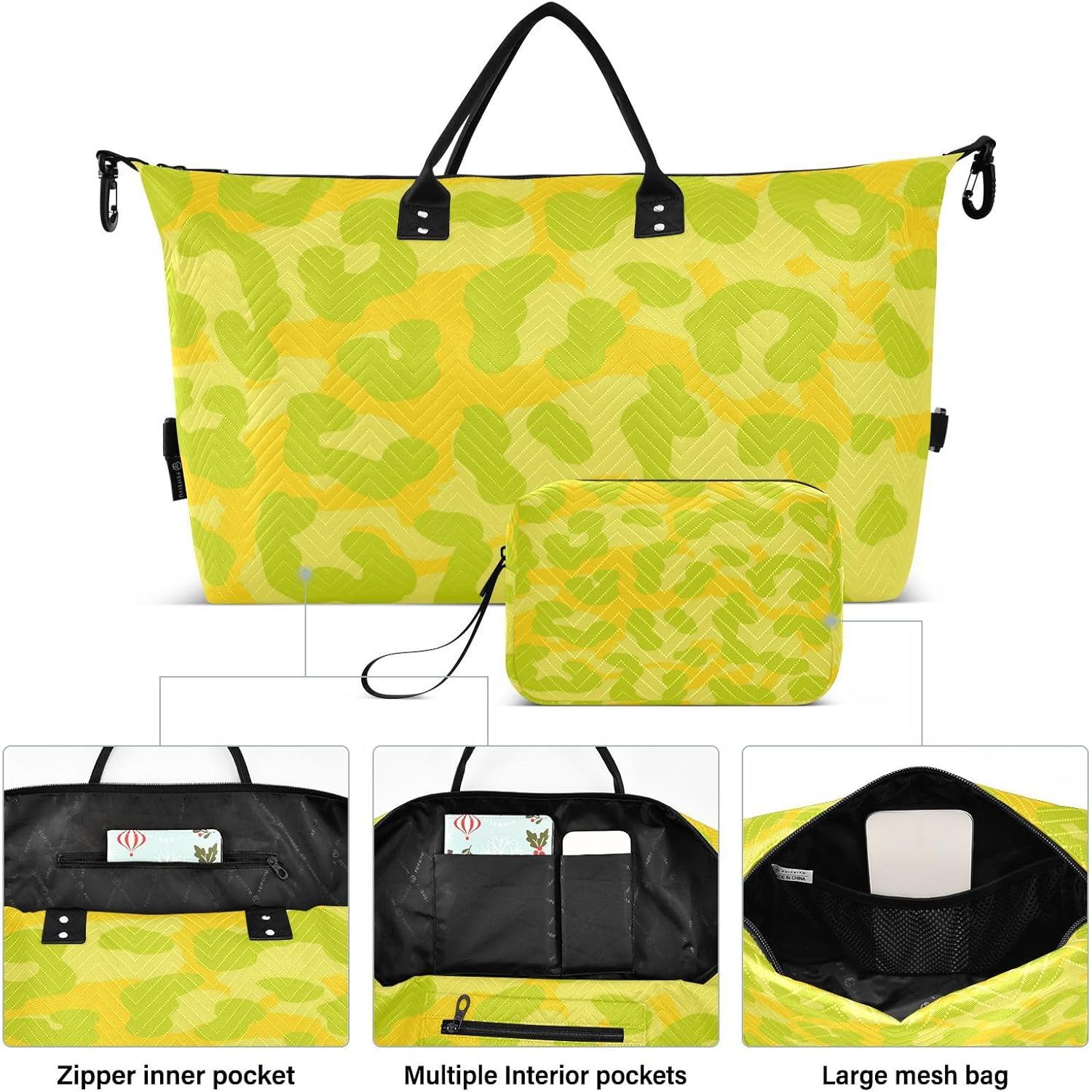 Yellow Leopard Neon Style Large Travel Duffel Luggage Travel Weekender Gear Bag Gym Tote Bag with Toiletry Bag for Workout 2 Pcs Set, Yellow Leopard Neon Style, 1 Size