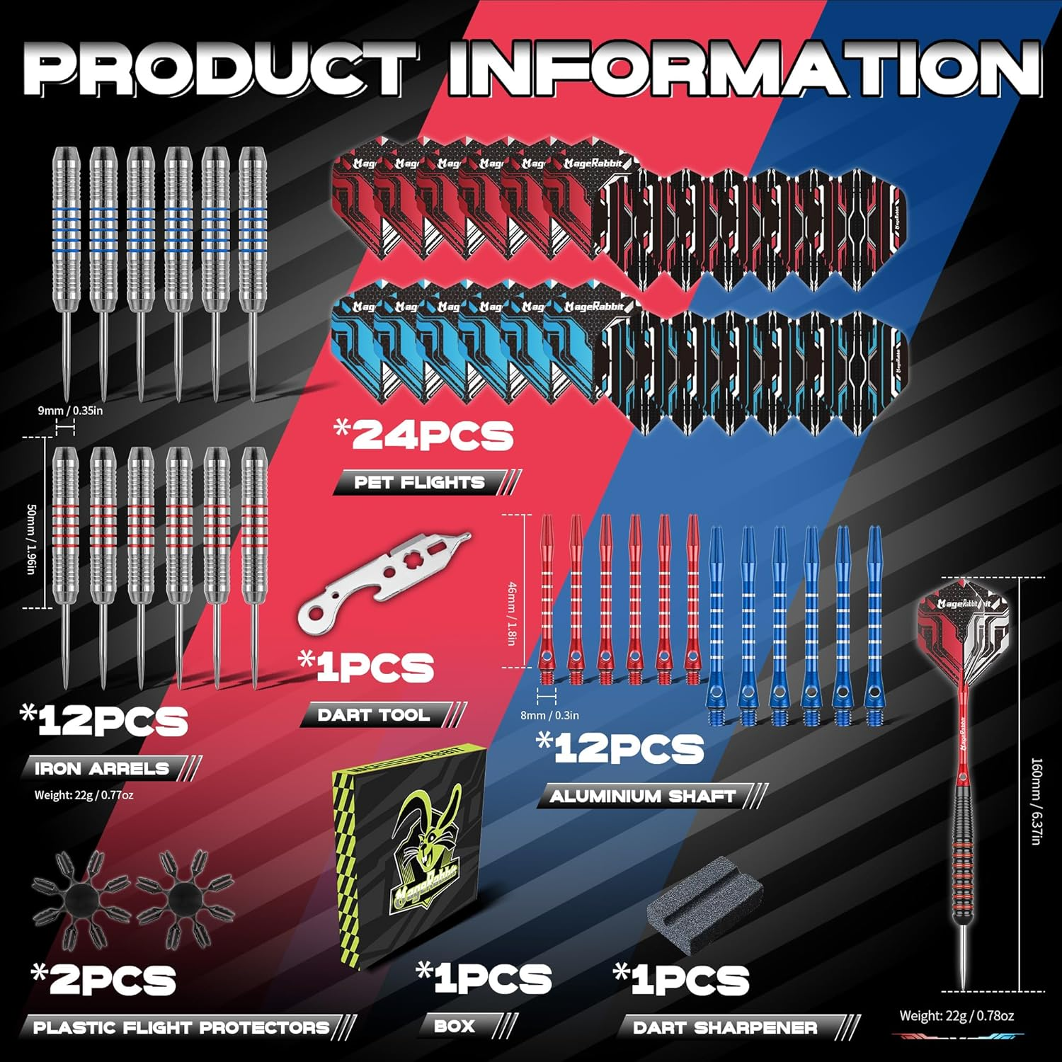 Magerabbit Steel Tip Darts 12Pcs, Metal Darts with 24 Flights+12 Shafts+Dart Tools,Steel Dart for Dartboard image number 4