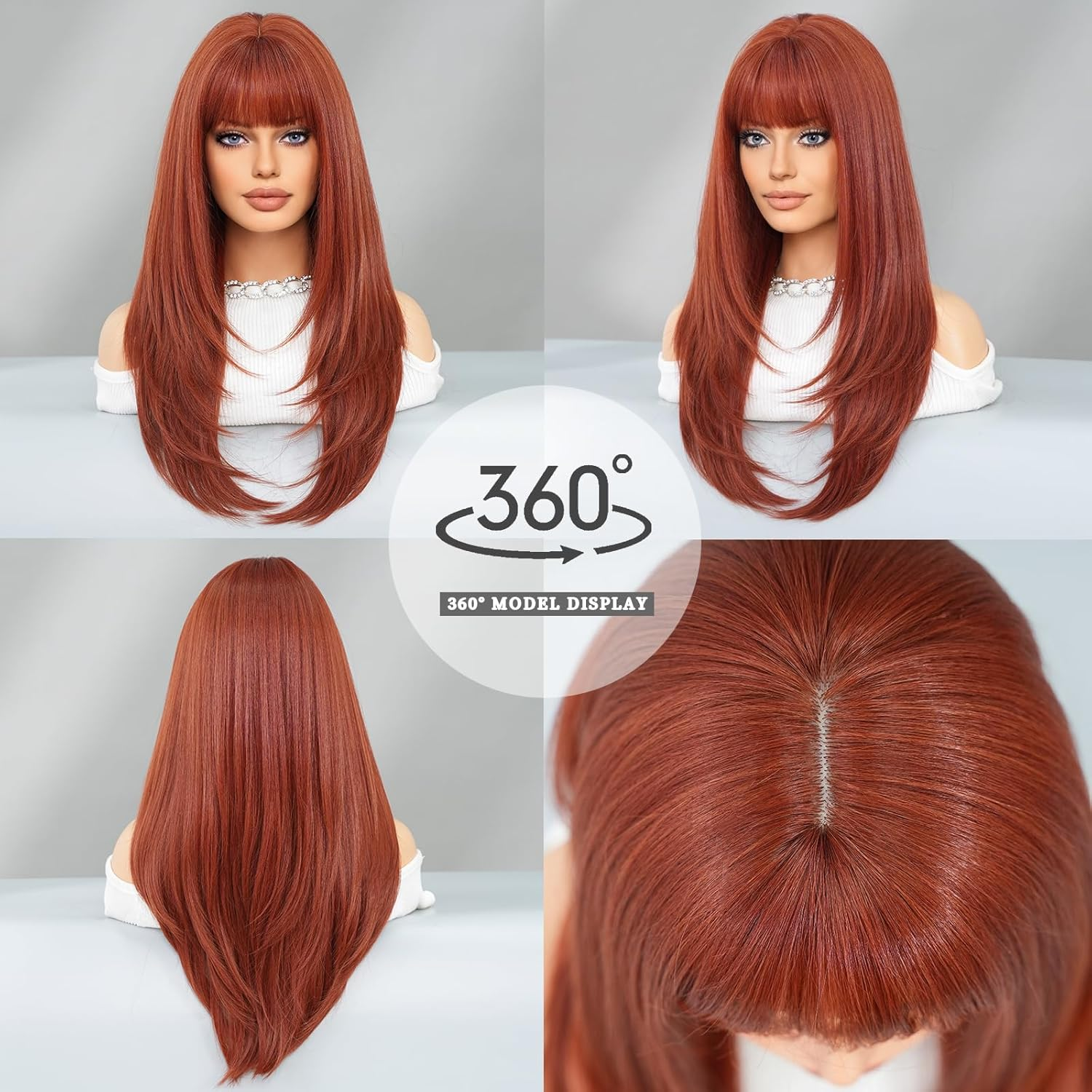 PARK YUN Long Straight Brown Wig with Bangs 26 Inch Ginger Orange Synthetic Layered for Women Natural Copper Red Head Heat Resistant Wig - Pink image number 5