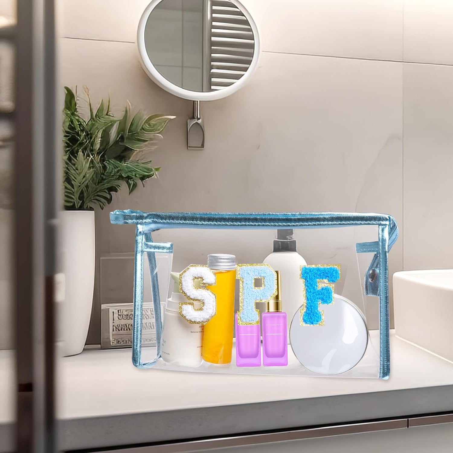 Clear Preppy Patch Makeup Bag, SPF Chenille Letter Bag for Beach, Clear Pouch with Zipper, Preppy Travel Bags Clear Cosmetic Toiletry Bag for Women Girls Teens, Blue SPF Blue