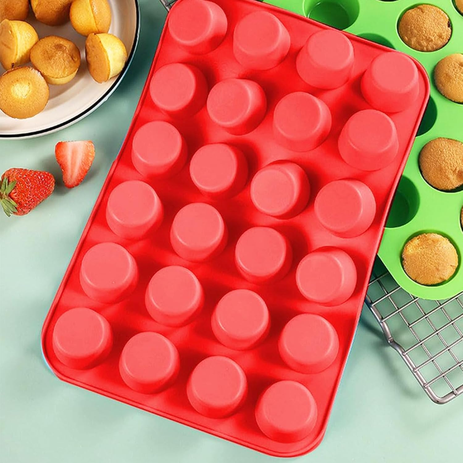 Silicone Muffin Pan Mini 24 Cups Cupcake Pan,Non-Stick BPA Free Muffin Pan Cupcake Bakeware Baking Mould Great for Making Muffin Cakes, Tart, Easy-Release Non-Stick Tray (Red, 1Pcs) image number 2