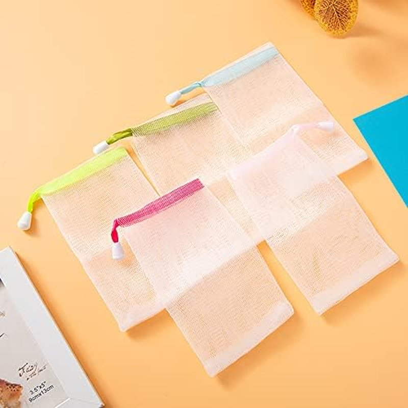 FULINJOY 10 PCS Exfoliating Mesh Soap Saver Pouch Bag Sack, Face Cleansing Foaming Nets, White Pouch with Drawstring (Color Random) image number 6