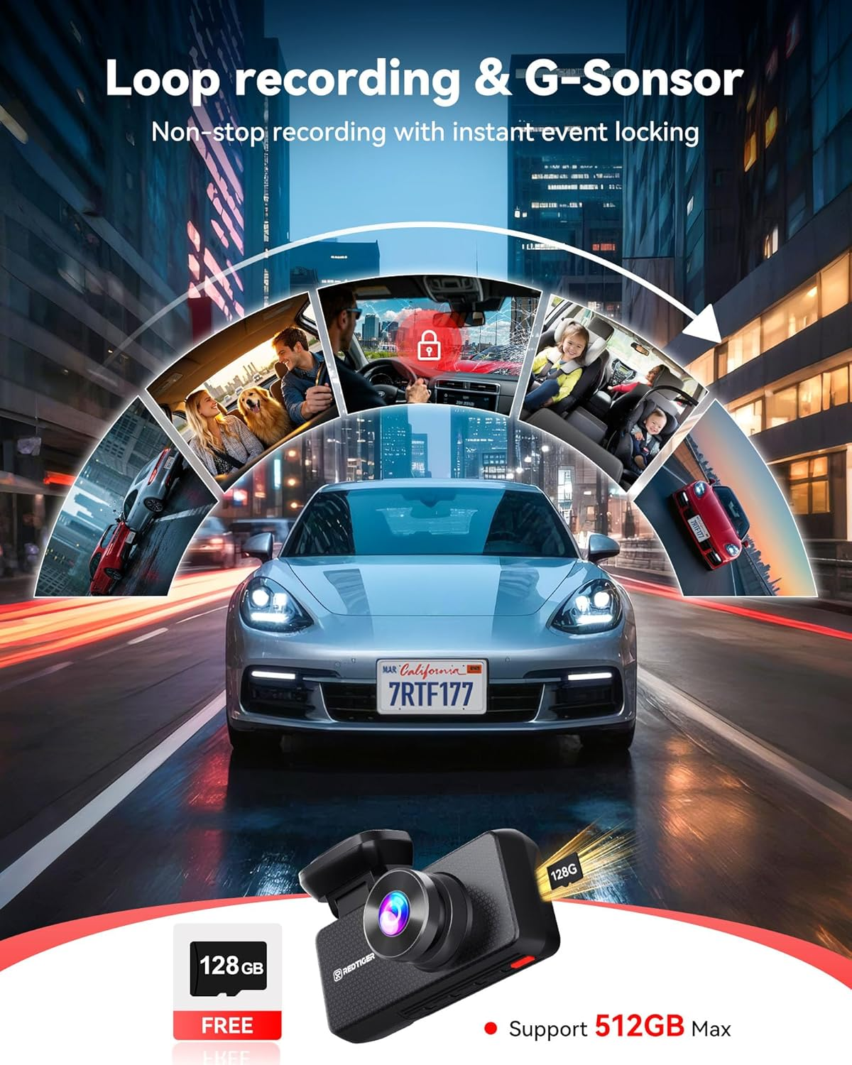 REDTIGER 4 Channel Dash Cam 2.7K+1080P*3, STARVIS 2,Included 128GB Card, 360&deg; Front inside and Rear Cabin Car Camera, IR Night Vision, 5Ghz Wifi 6, GPS, Smart Voice Control, Touch Screen(F17 Plus) image number 2