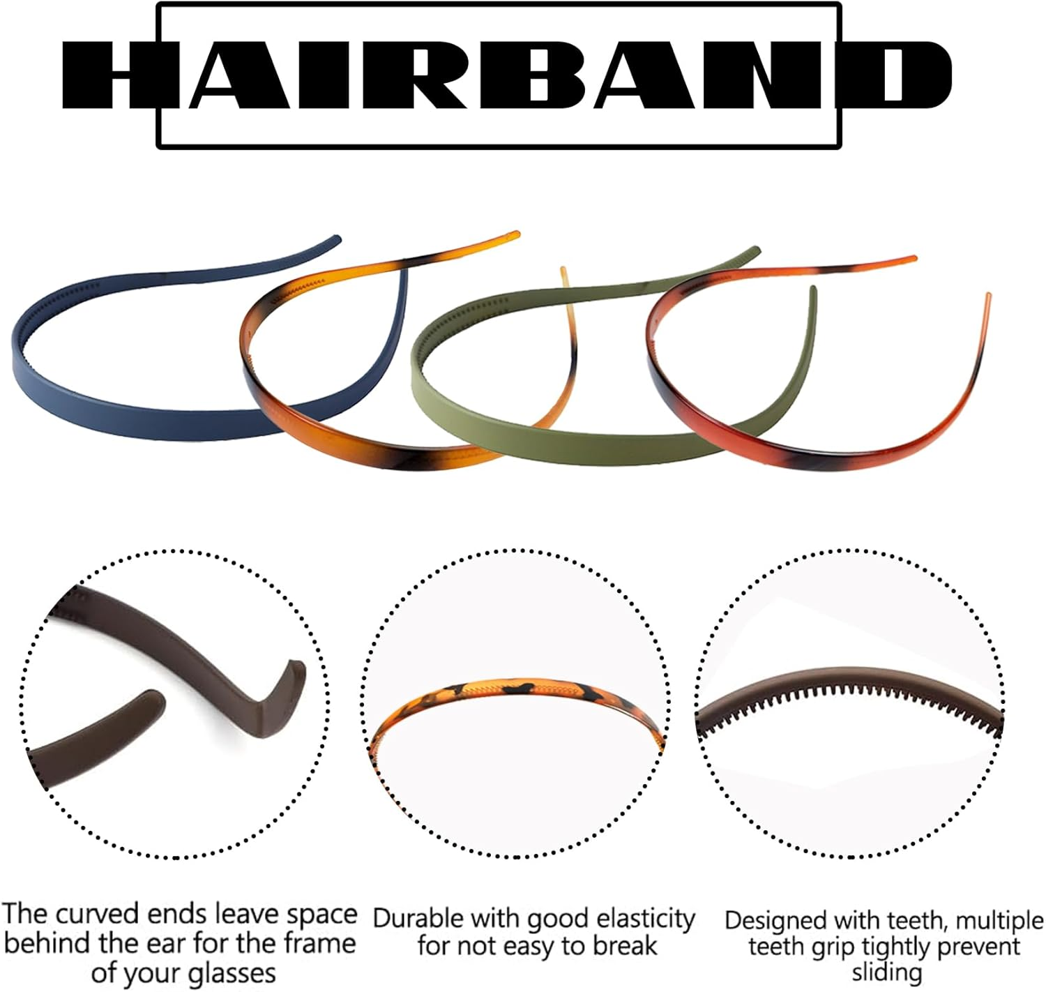 Pack of 11 Hair Bands, No Headache, Hair Band, Flex Headband, No Pressure, Plastic, Simple Headbands, Non-Slip with Teeth, Women and Men, Pressure-Free Headband for Glasses Wearers image number 5