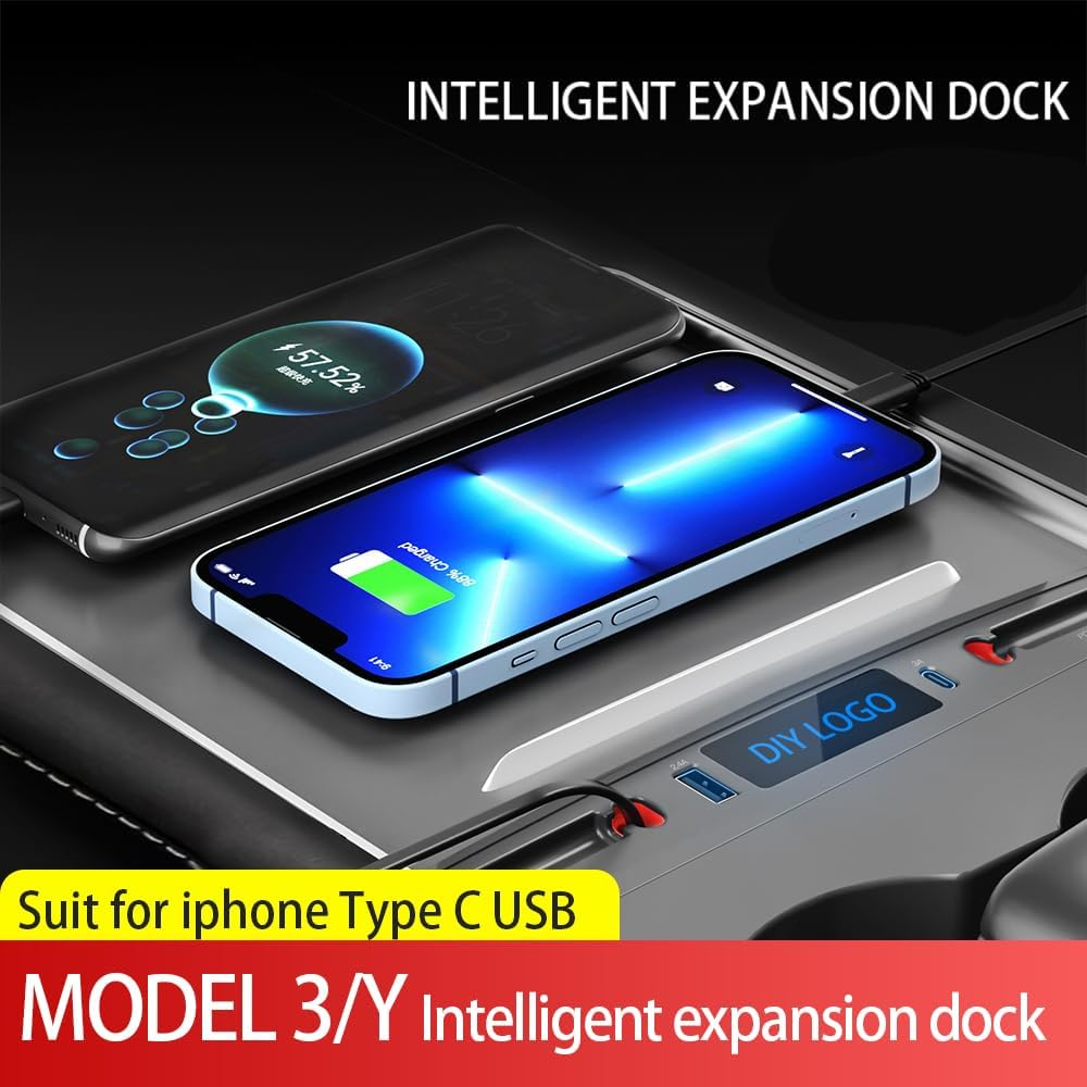 Gwydre Retractable Hub Docking Station for 2021 2022 2023 Tesla Model 3/Y,Car USB Hub for Tesla Model 3 Model Y Accessories,Car Fast Charger for Tesla Model 3/Y, PT-TSL-2-1, 1 Lightning 1 Type-C image number 5