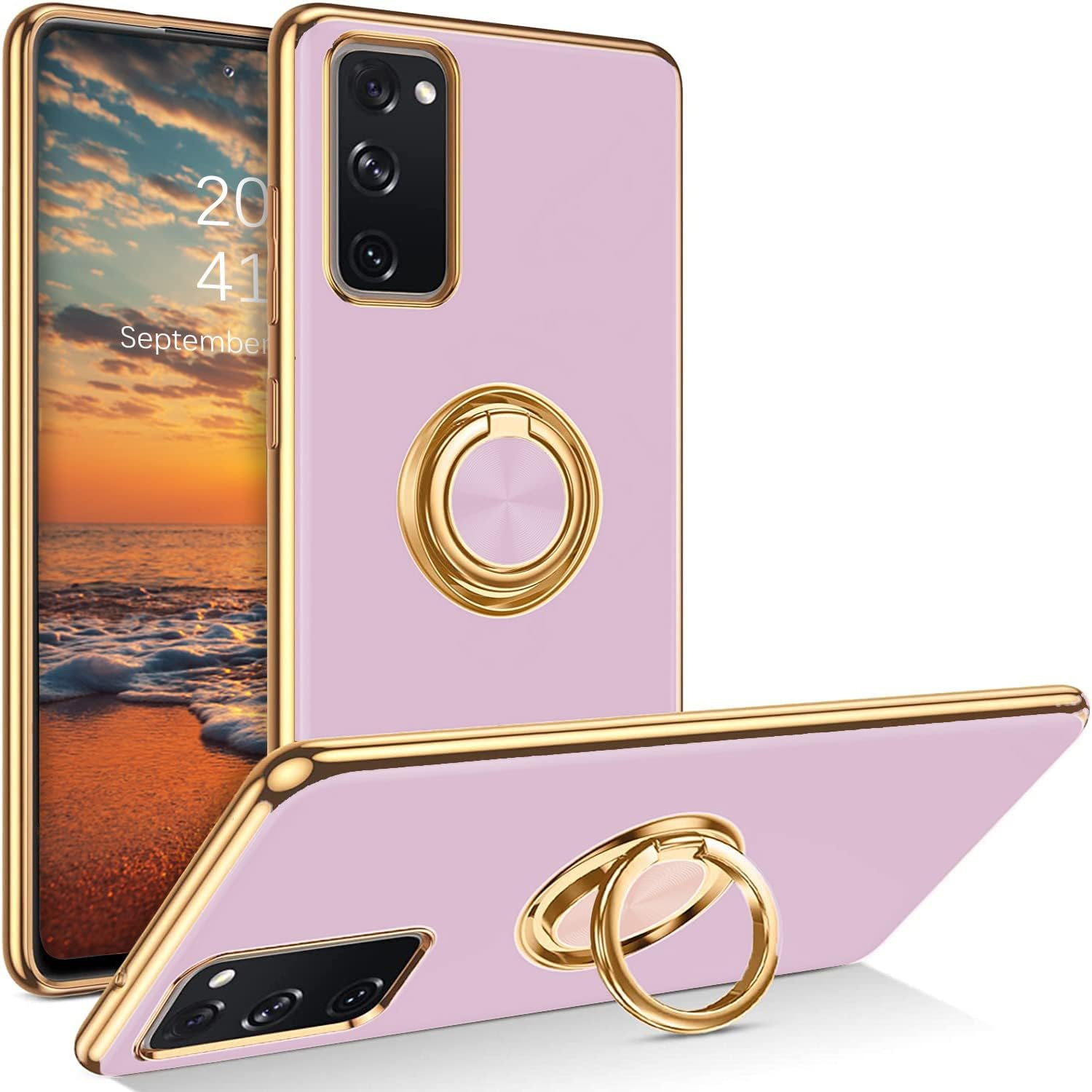 For Galaxy S20 FE 5G Ring Holder Case Edge Plating 360 Degree Rotation Kickstand Case Soft Silicone TPU Women Girls Slim Soft Flexible Protective Case for Samsung S20 FE 5G (Purple) image number 6