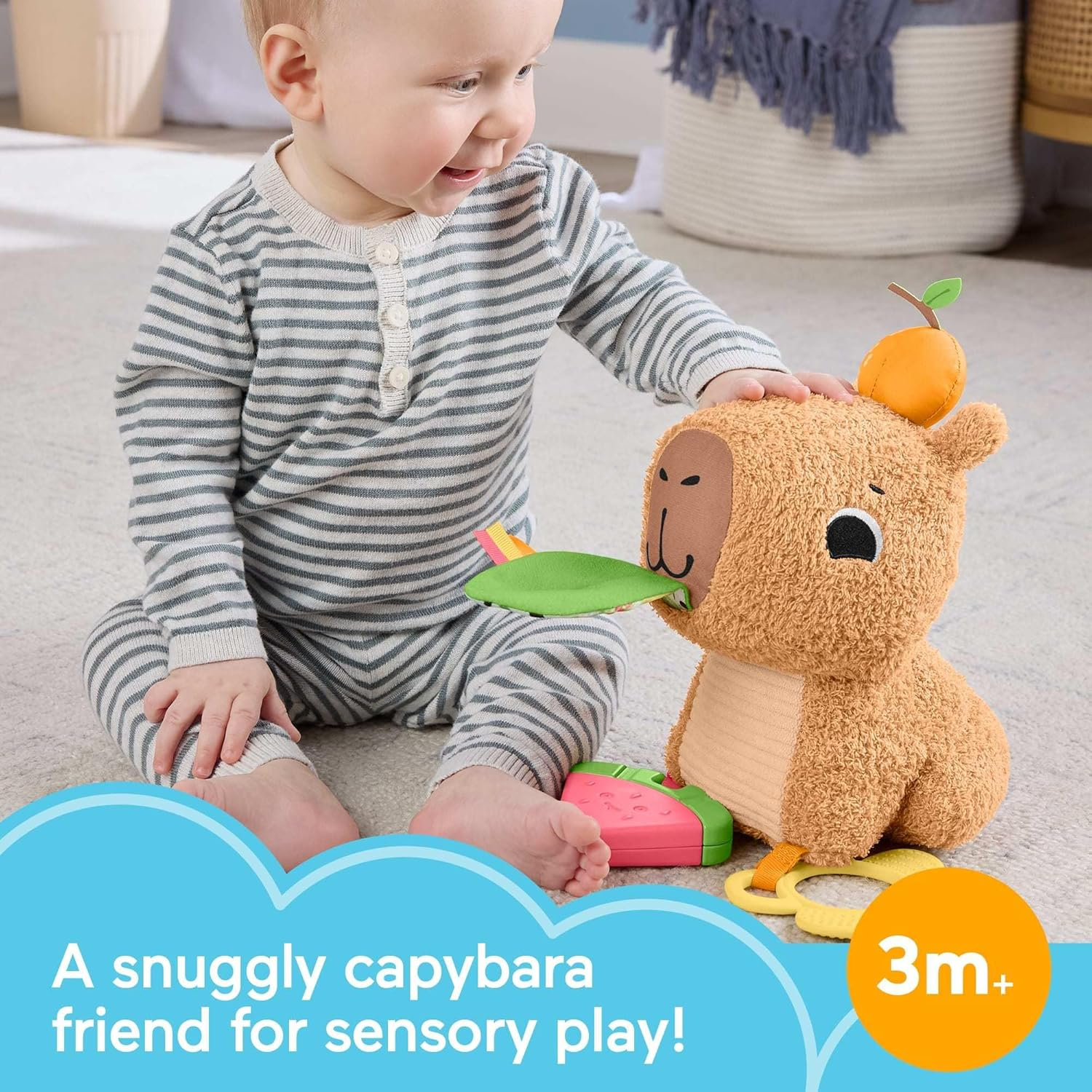 Fisher-Price Baby Sensory Toy Snuggly Snacky Capybara Plush with Newborn Teether & Rattle Activities for Infants Ages 3+ Months image number 3