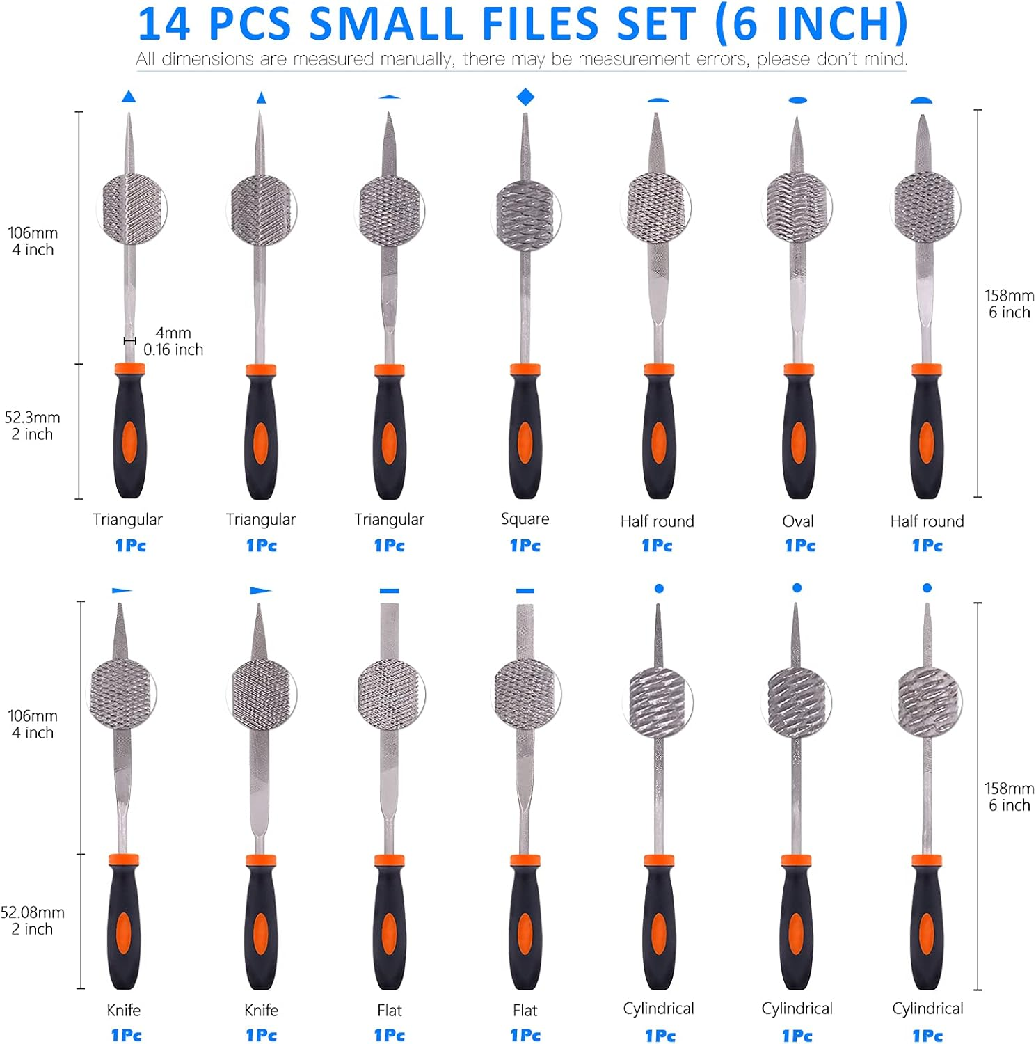 Glarks 25Pcs Hand Metal File Set Include 4Pcs Flat/Triangle/Half-Round/Round Large File, 12Pcs Needle Files, 1 Brush, 4Pcs Sandpaper and 4 Way Wood Rasp File for Shaping Metal, Wood, and Tools image number 1
