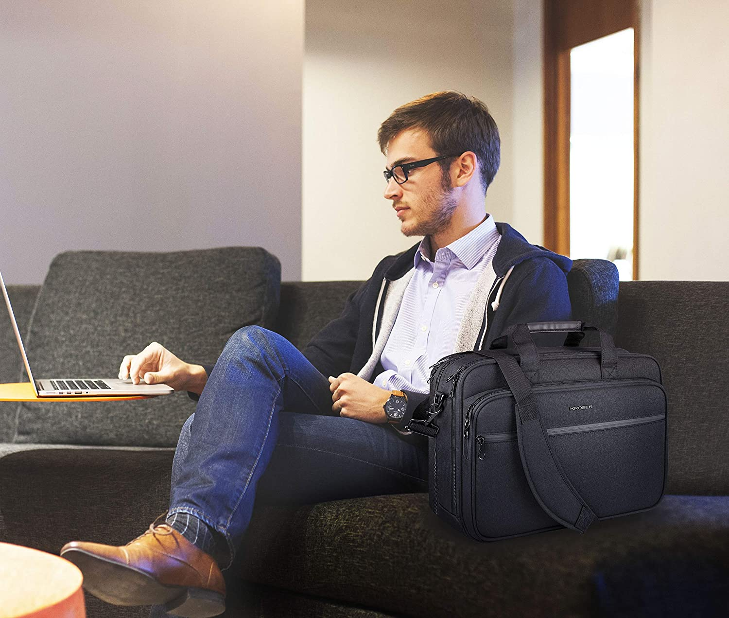 KROSER 18" Laptop Bag Premium Laptop Briefcase Fits up to 17.3 Inch Laptop Expandable Water-Repellent Shoulder Messenger Bag Computer Bag with RFID Pockets for Travel/Business/School/Men/Women-Black image number 5