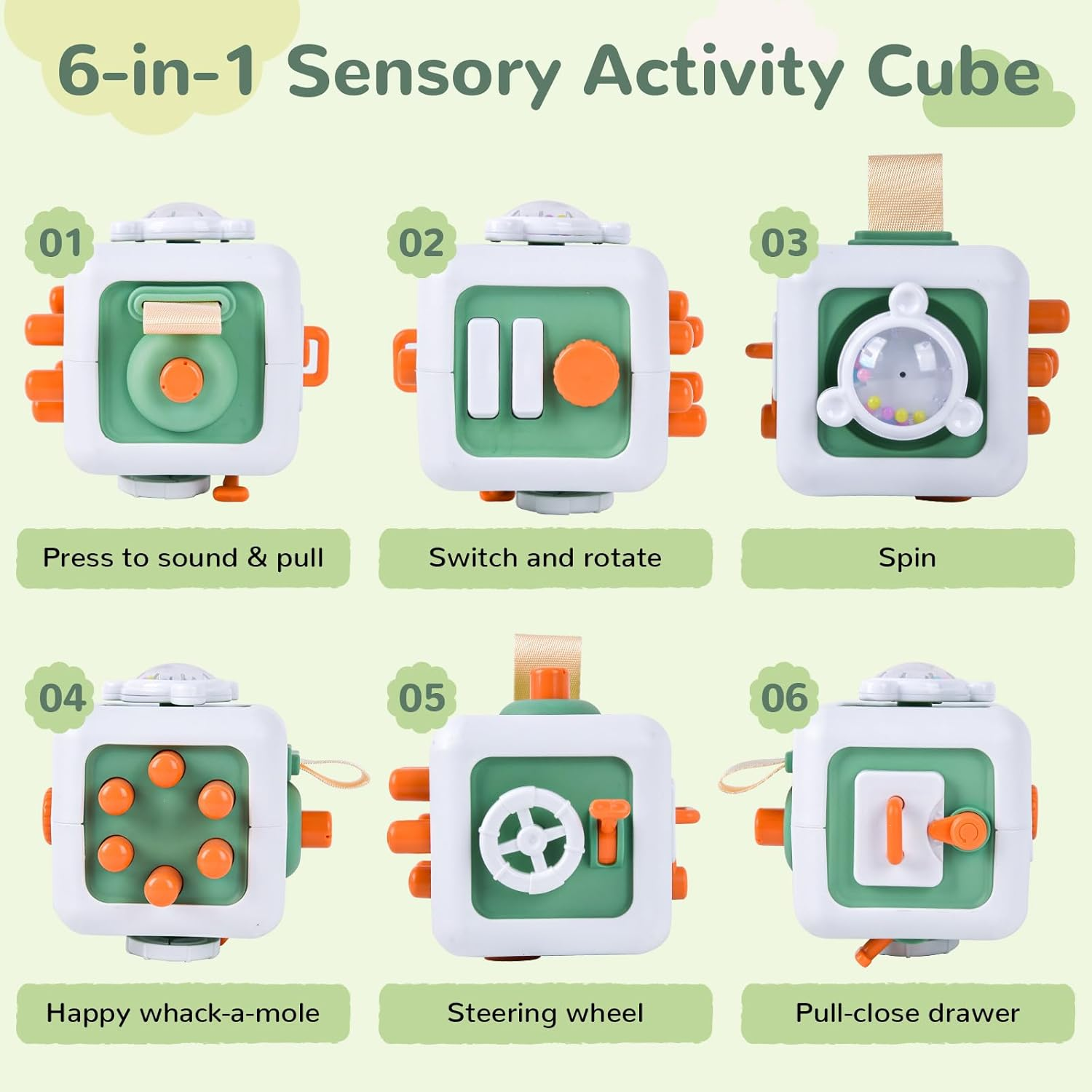 Busy Activity Cube Toys for 1 + Year Old Gifts, Sensory Learning Fine Motor Skills Toys for 18 Months, Montessori Airplane Travel Car Toys for Toddler 1-3, 1St Birthday Girl Gifts 18 Months + (Green) image number 4