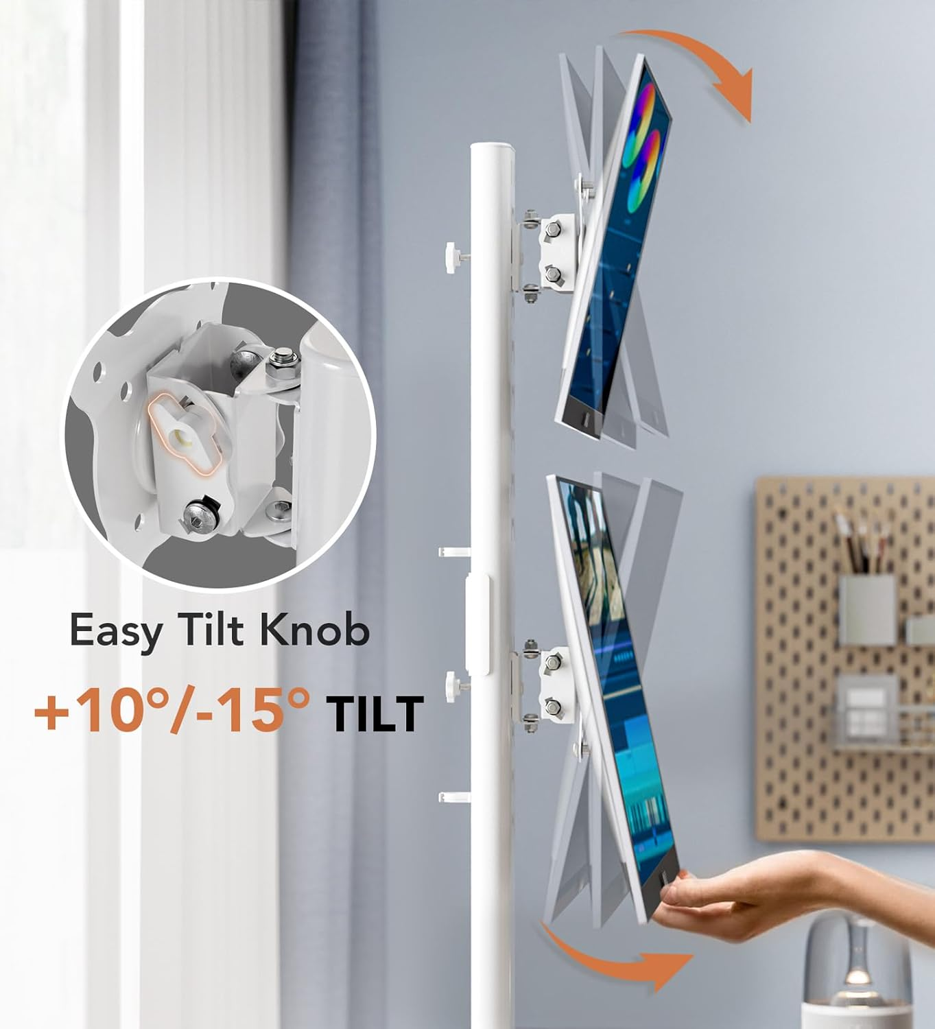 Hemudu Dual Monitor Stand - Vertical Stack Screen Free-Standing Monitor Riser Fits Two 13 to 34 Inch Screen with Swivel, Tilt, Height Adjustable, Holds One (1) Screen up to 44Lbs HT05W-002 White image number 2