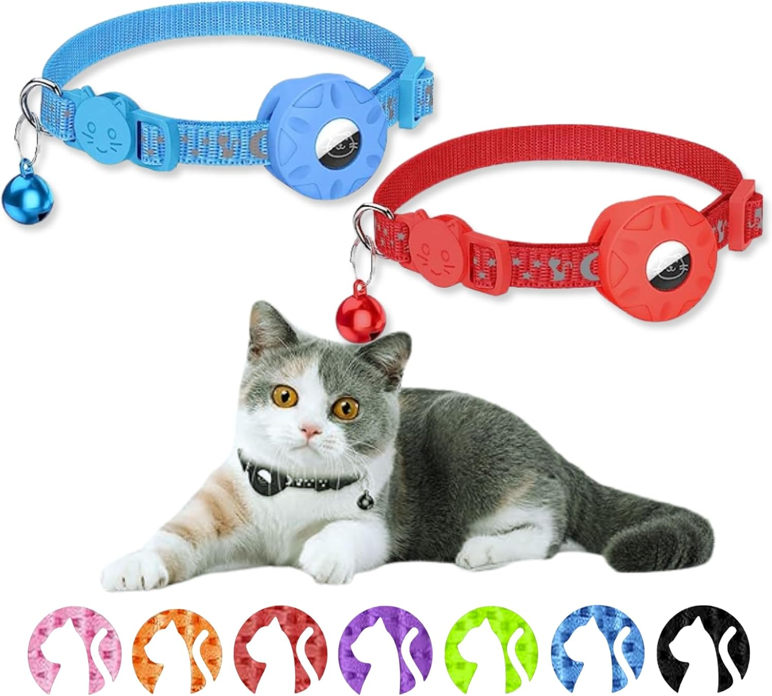 Airtag Cat Collar Adjustable Safety Buckle Bell Night Reflective with Apple Air Tag Holder Sturdy Durable Suitable for Cats Dogs (Black & Red)