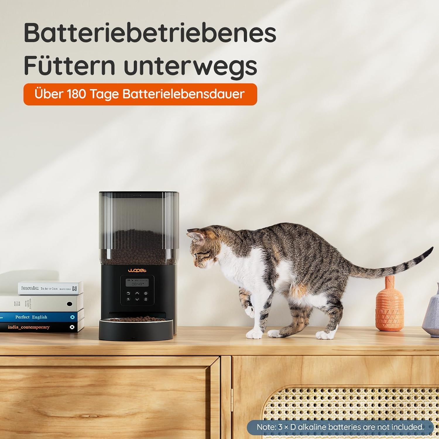 WOPET Automatic Cat Feeder 4L Cat Food Automatic (222 Utilities) 180 Days Battery Life (1-6 Meals per Day, Dry Food) Feeder for Cats/Dogs, Stainless Steel Bowl, Double Power Supply image number 3