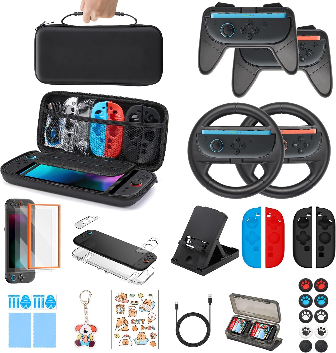 WOTOW Switch 2 Accessories Bundle Kit for Nintendo, Protective Carrying Case with Screen Protectors, Steering Wheels, Grips for Joy-Con2 and Console Protective Shells (Black) image number 3