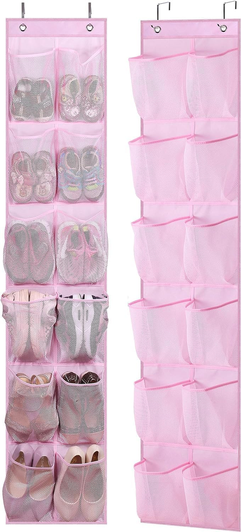 MISSLO Kids over the Door Shoe Organizer Baby Hanging Shoe Rack Narrow Closet Storage Bags with 12 Mesh Pockets for Girl Women Men Toddler Nursery, 2 Packs, Pink