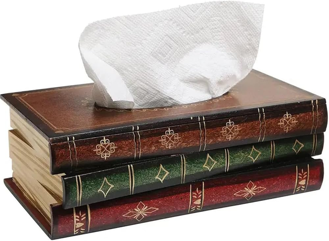 Square Tissue Box Holder with Durable Material, Antique Book Tissue Holder Dispenser, Retro Wooden Antique Book Tissue Box, Decor for Bathroom, Living Room, Office, Car, Kitchen