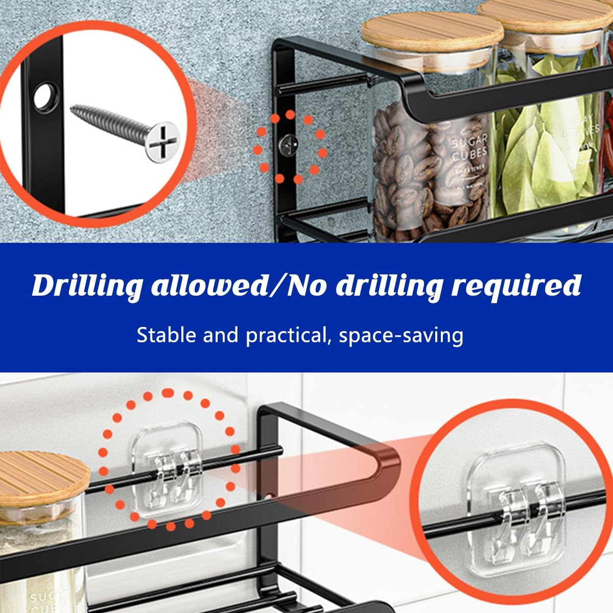 AIMALL 4PCS Stainless Steel Kitchen Seasoning Rack Set Wall Mounted Carbon Steel Punch-Free Spice Storage Shelf with Drainage Design for Bottles and Condiments image number 4