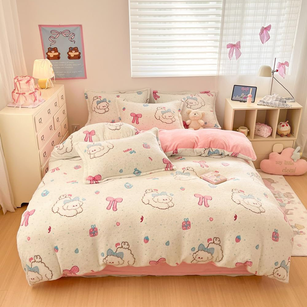 Pink Strawberry Duvet Cover Set Fluffy Duvet Cover Kawaii Cartoon Comforter Cover Soft Kids Duvet Cover Queen Bedding Set (Strawberry, Queen) image number 2