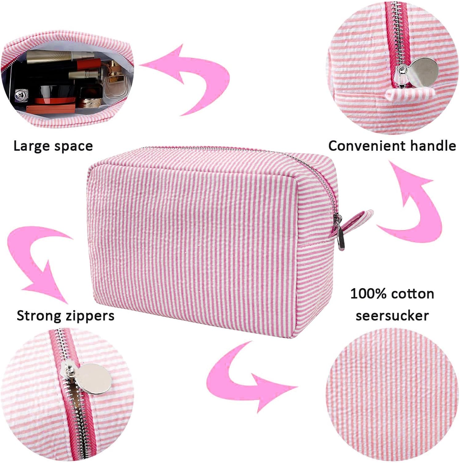 GFU Cosmetic Bag for Women, Large Makeup Bag, Travel Toiletry Stripe Cosmetic Bag, Seersucker Women Aesthetic Organizer Storage Pouch, Girls Handbags Purses (Pink) - Light Blue image number 3