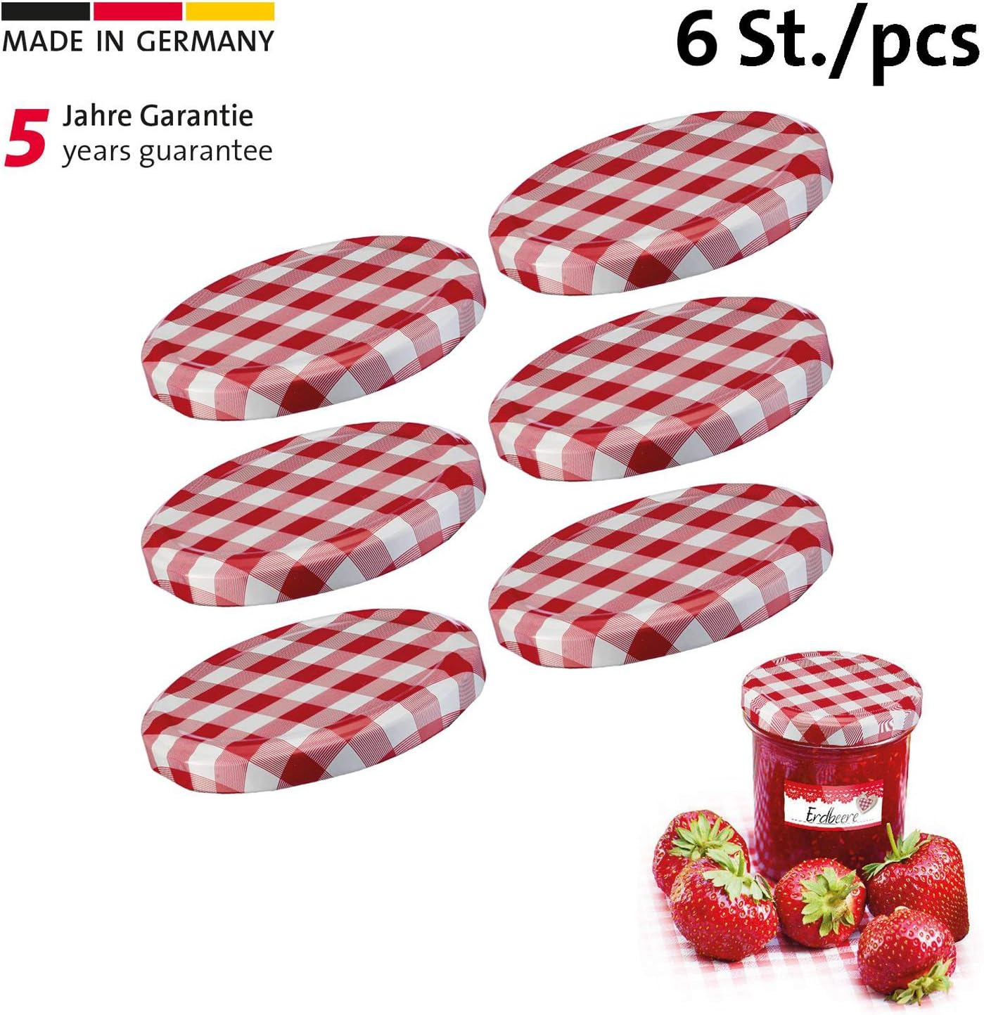 Westmark 40952270 Screw-On/Twist-Off Lids for Preserving Jars, Round, Diameter 82 Mm, Tinplate, Red/White, Chequered, Pack of 6